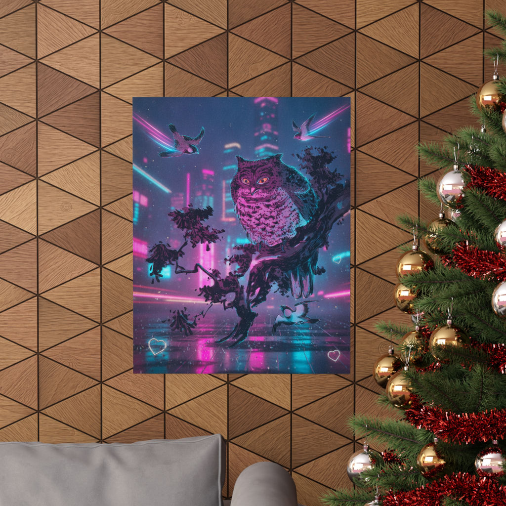 Neon Noir — Owl And Two Swallows — Matte Poster