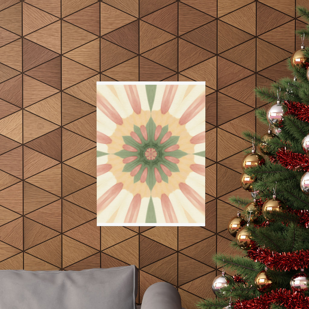 Peach and Sage Floral Kaleidoscope Mandala Poster