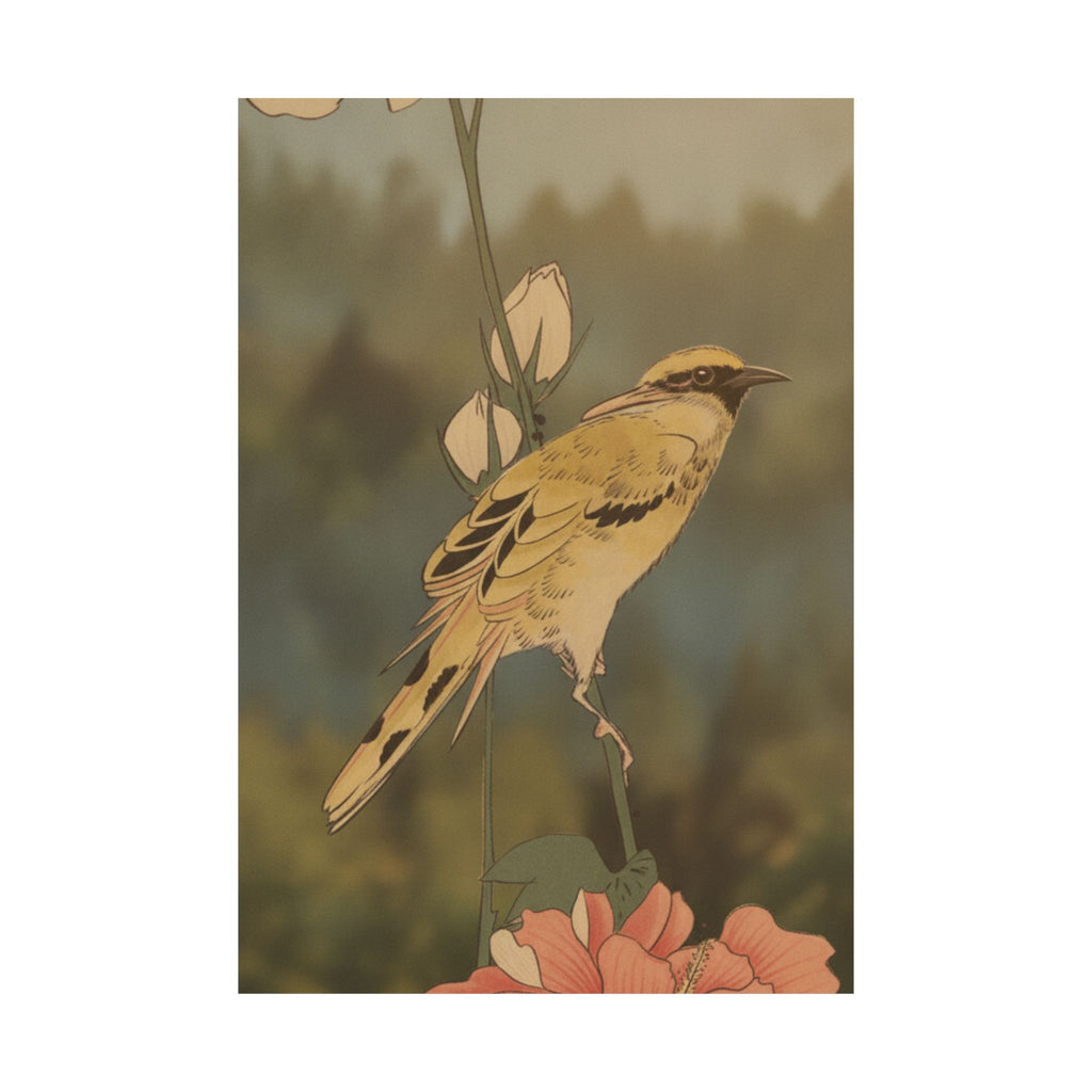 Scenic Nature — Black-Naped Oriole Perched On A Stem Of Rose Mallow — Matte Poster