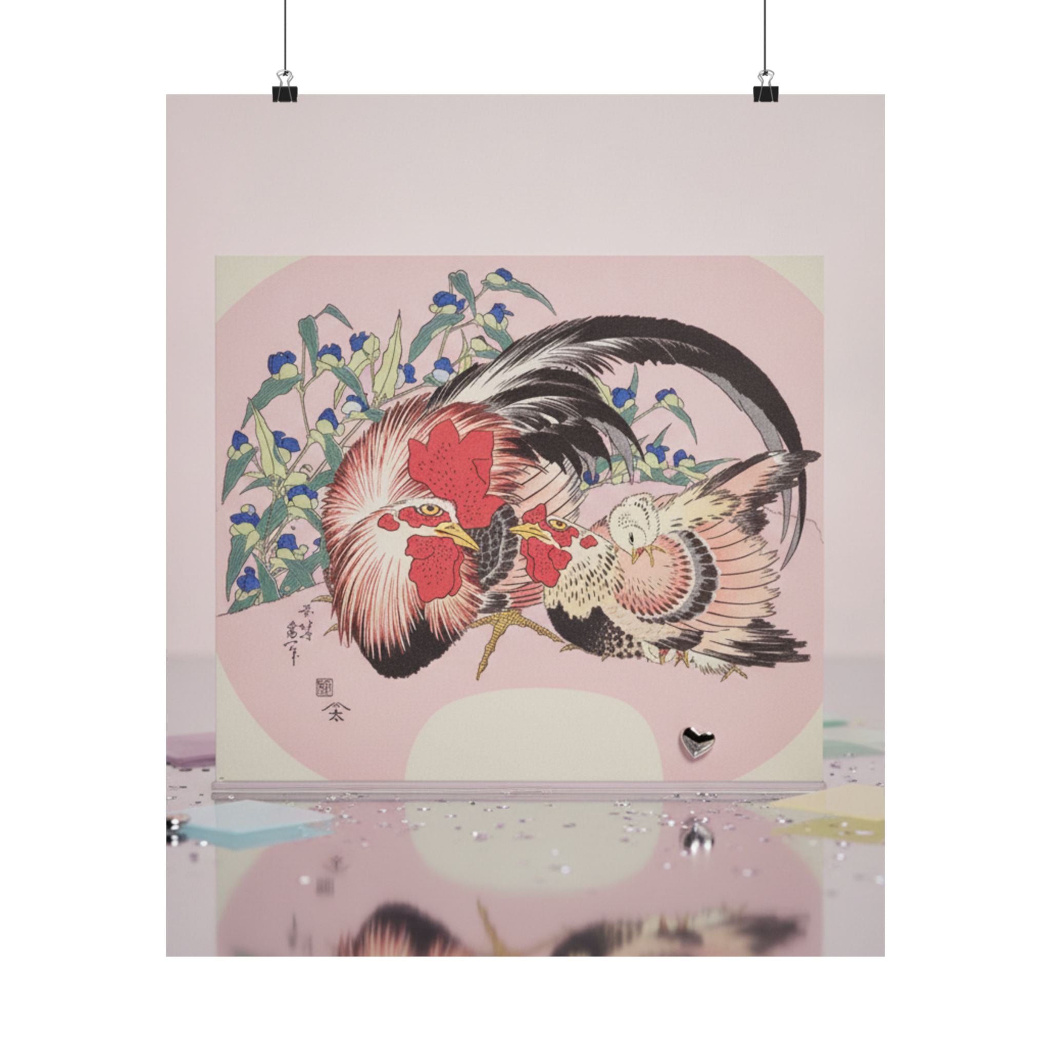 Product Marketing — Rooster, Hen And Chicken With Spiderwort — Matte Poster