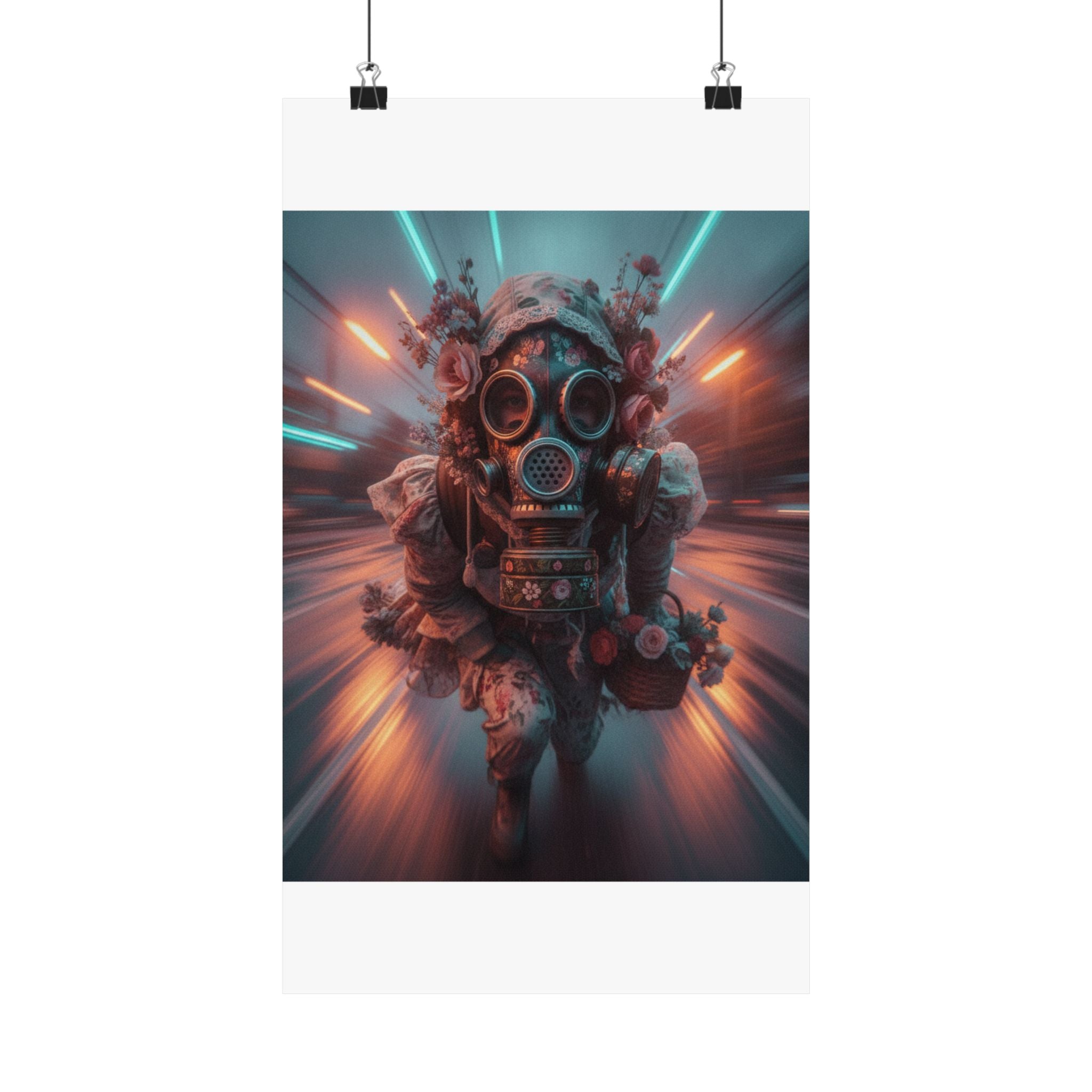 Neon Tunnel Rose Gas Mask Post-Apocalyptic Poster