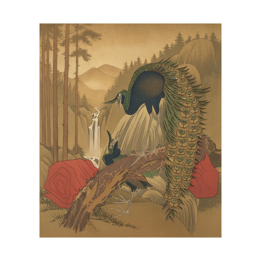 Scenic Nature — Painting Of Peacocks, Pines, A Waterfall, And A Roll Of Red Fabric — Matte Poster