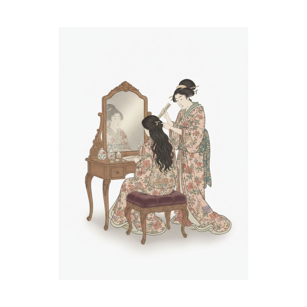 Ecommerce Main — A Woman At Her Toilet Seated Before A Mirror, Having Her Hair Combed By A Kameyu — Matte Poster