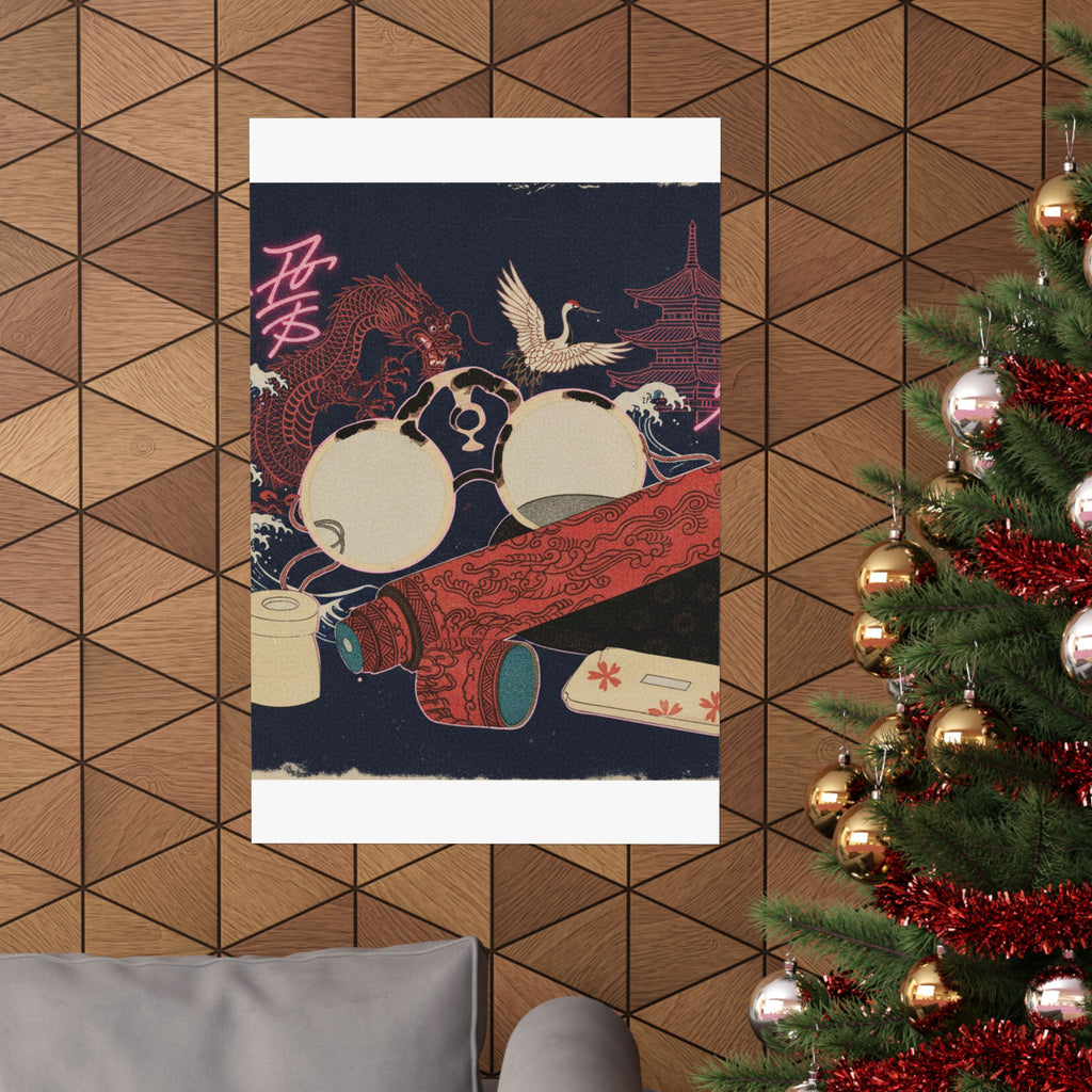 Japanese Street — Spectacles And Telescope With Cases — Matte Poster