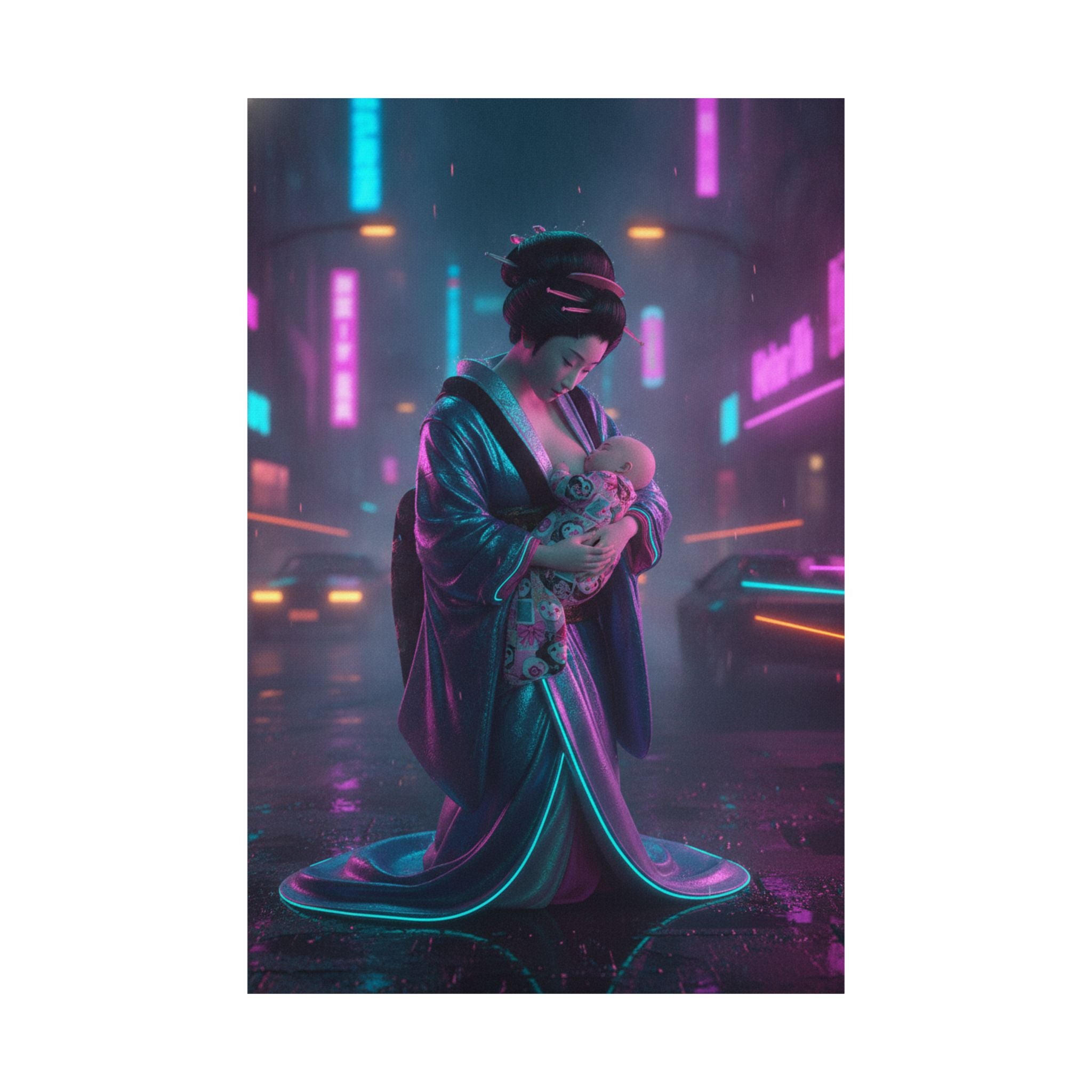 Neon Noir — Young Mother Nursing Her Baby — Matte Poster