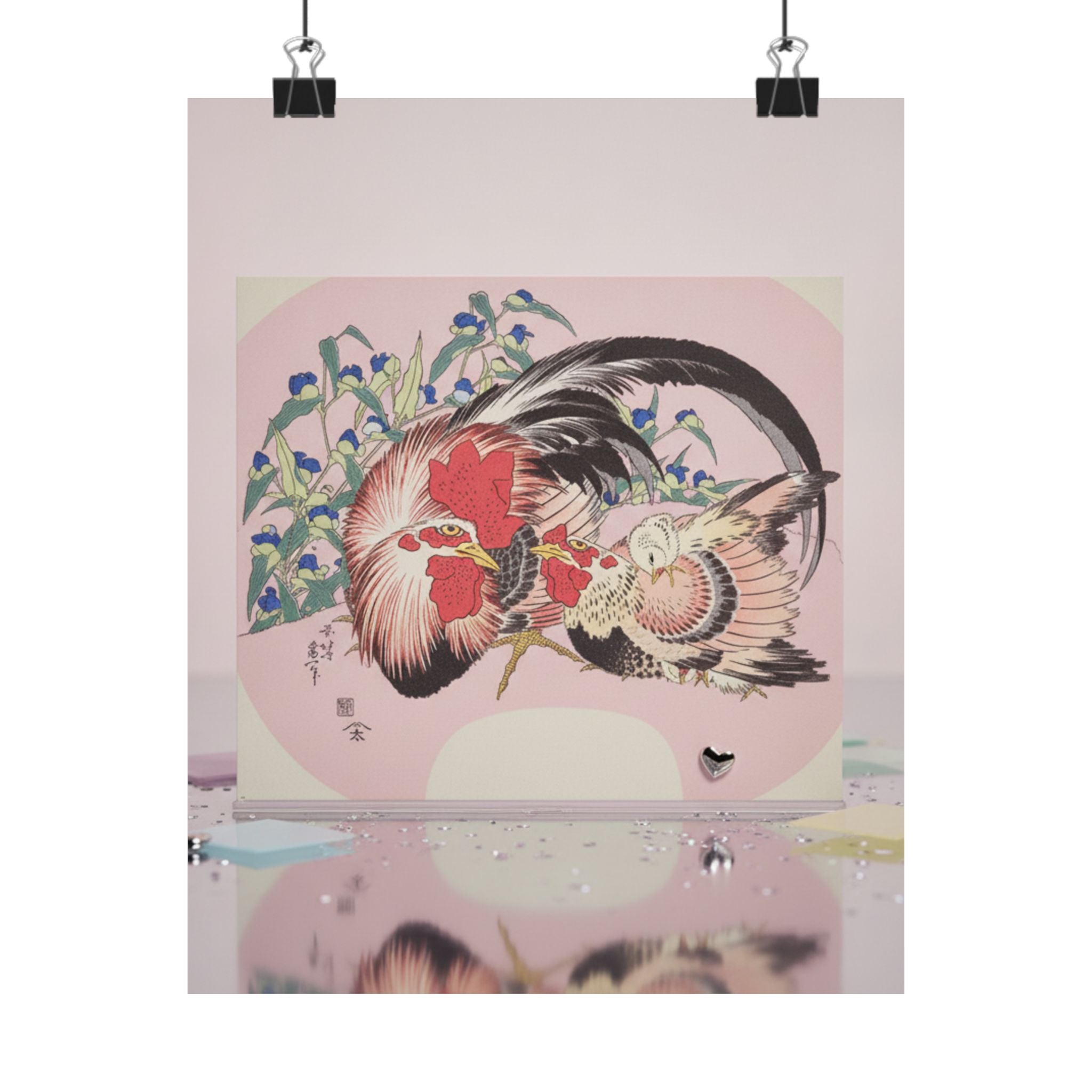 Product Marketing — Rooster, Hen And Chicken With Spiderwort — Matte Poster