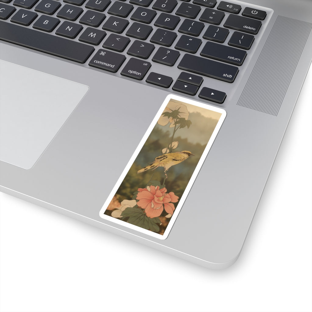 Scenic Nature — Black-Naped Oriole Perched On A Stem Of Rose Mallow — Kiss-Cut Sticker