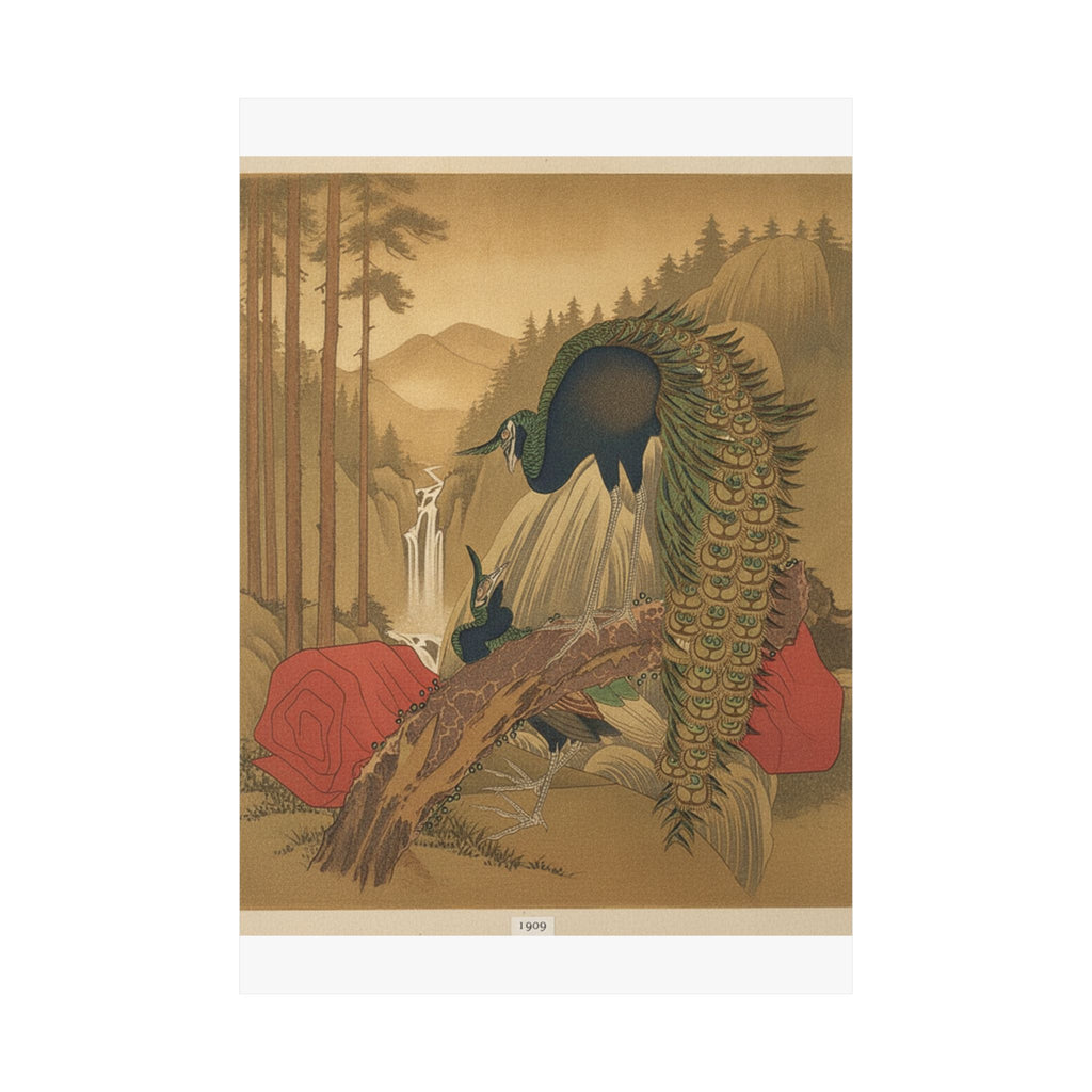 Scenic Nature — Painting Of Peacocks, Pines, A Waterfall, And A Roll Of Red Fabric — Matte Poster
