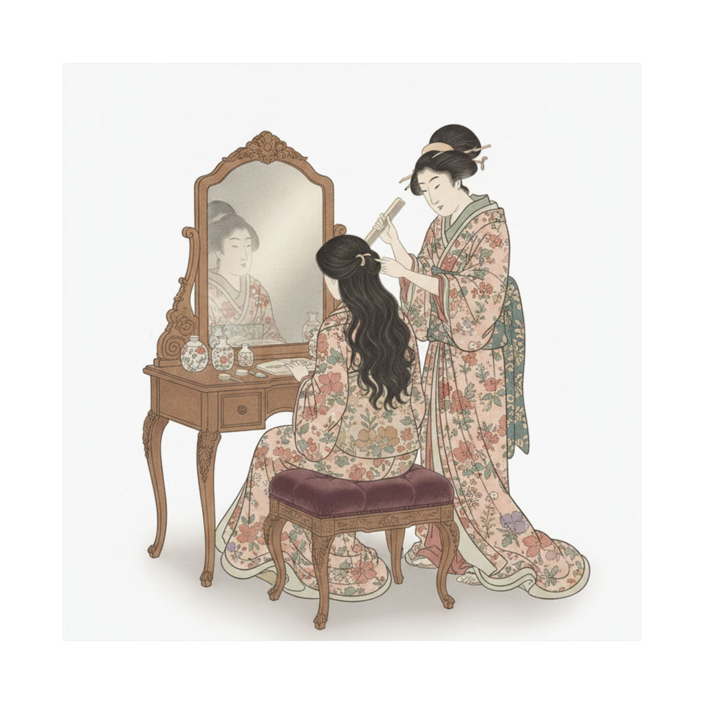 Ecommerce Main — A Woman At Her Toilet Seated Before A Mirror, Having Her Hair Combed By A Kameyu — Matte Poster