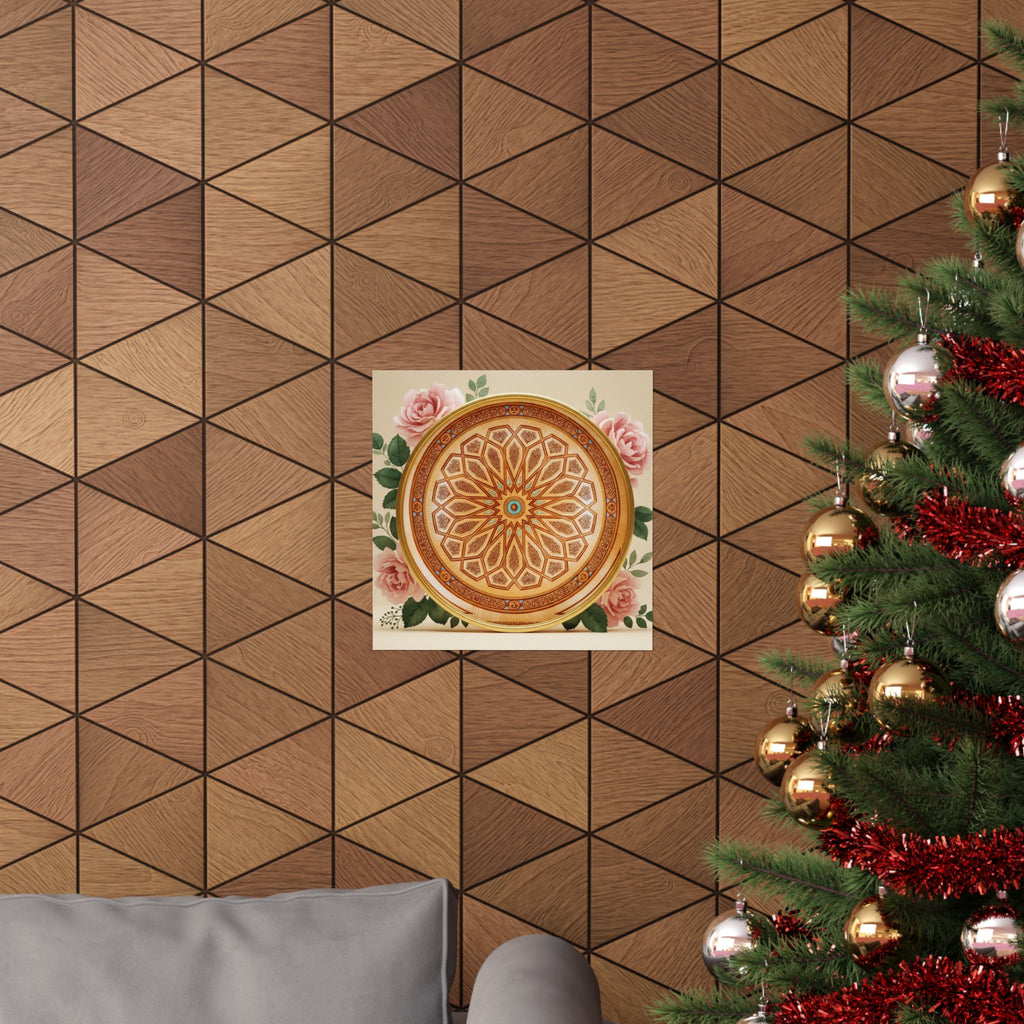 Gilded Moroccan Medallion and Pink Roses Art Poster