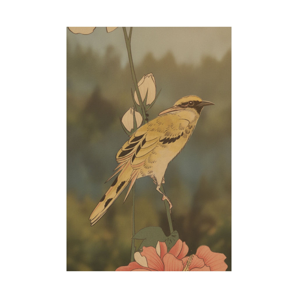 Scenic Nature — Black-Naped Oriole Perched On A Stem Of Rose Mallow — Matte Poster