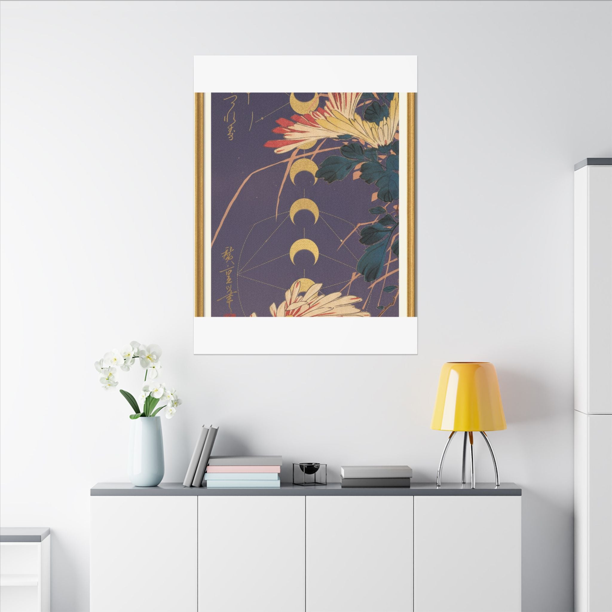 Chrysanthemum and Gold Moon Phases Woodblock Matte Canvas