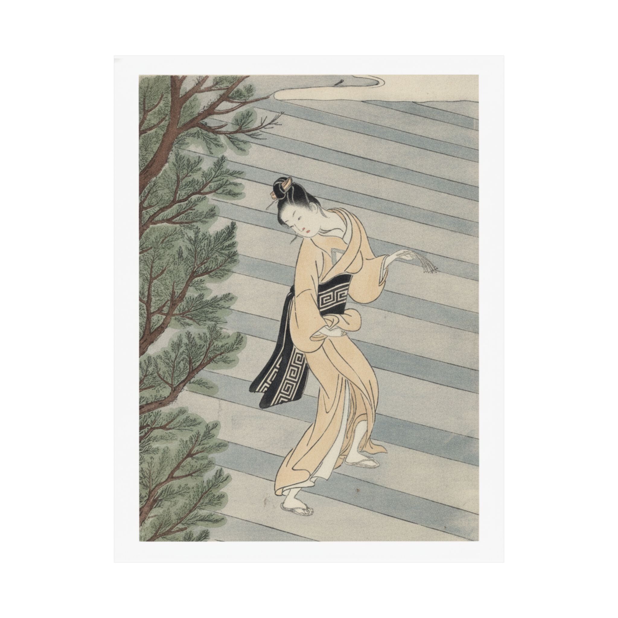 Watercolor — Young Woman Climbing Stone Stairs To A Shinto Temple — Matte Poster