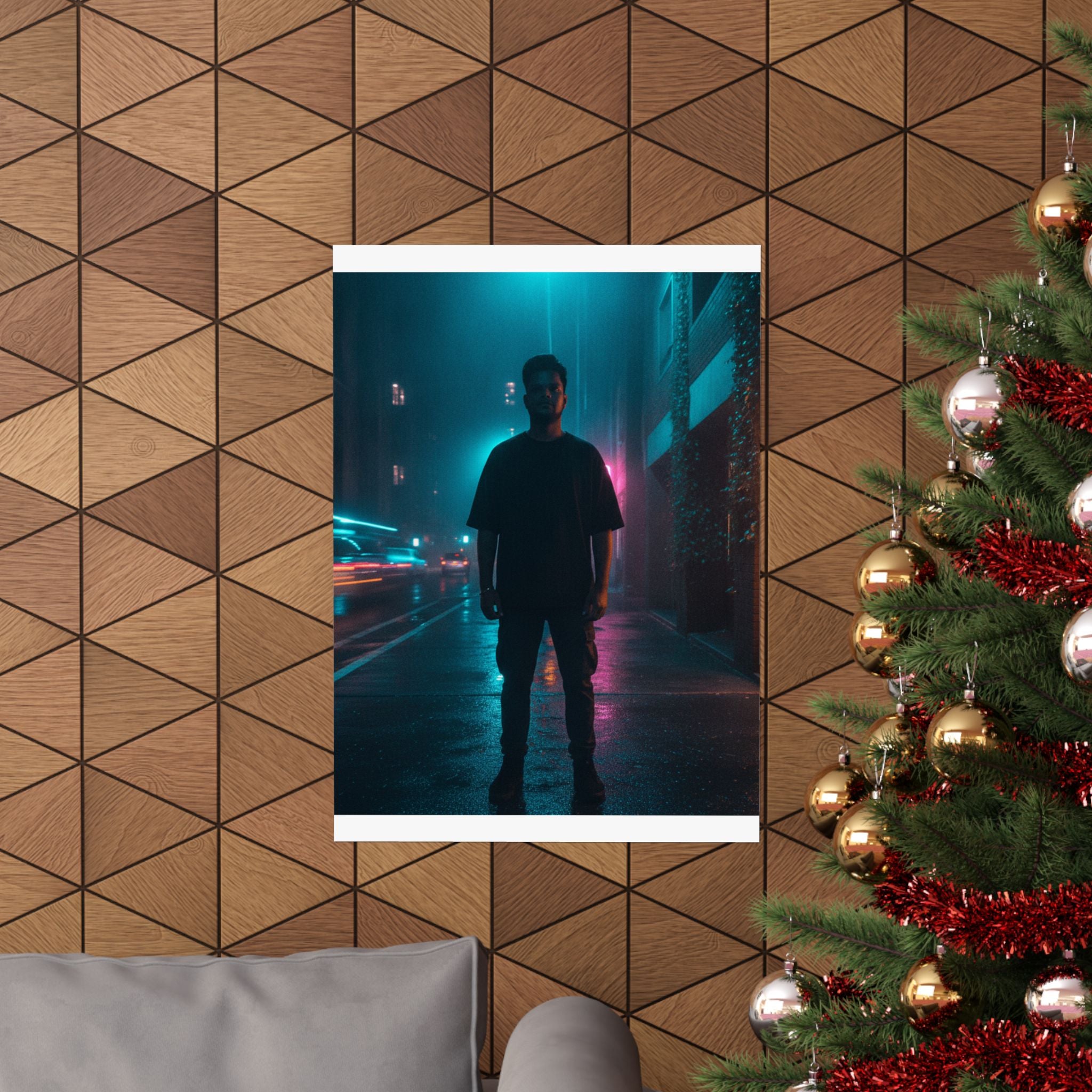 Rainy Neon City Street Silhouette Teal Pink Matte Poster
