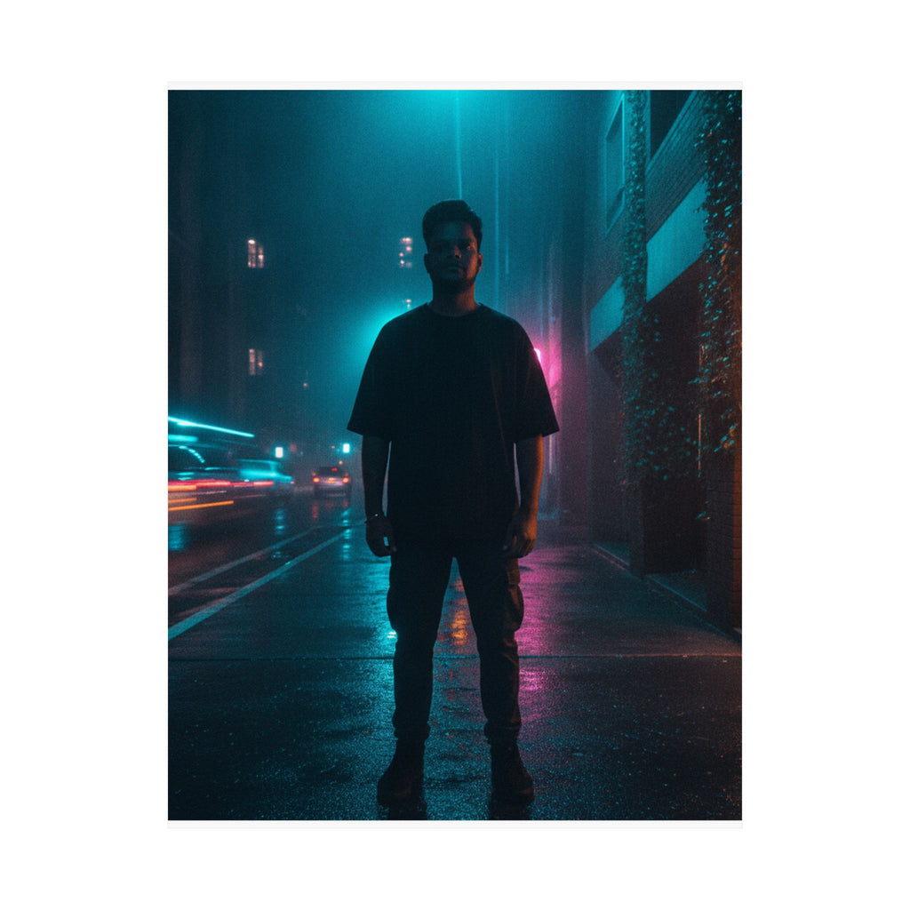Rainy Neon City Street Silhouette Teal Pink Matte Poster