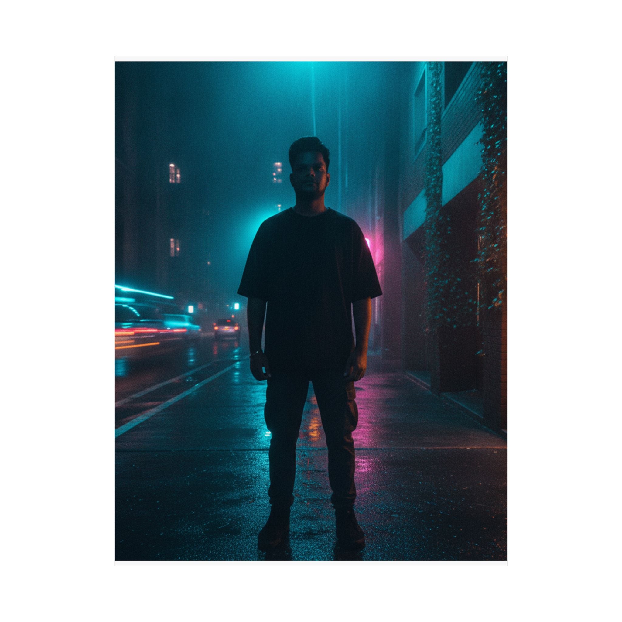 Rainy Neon City Street Silhouette Teal Pink Matte Poster