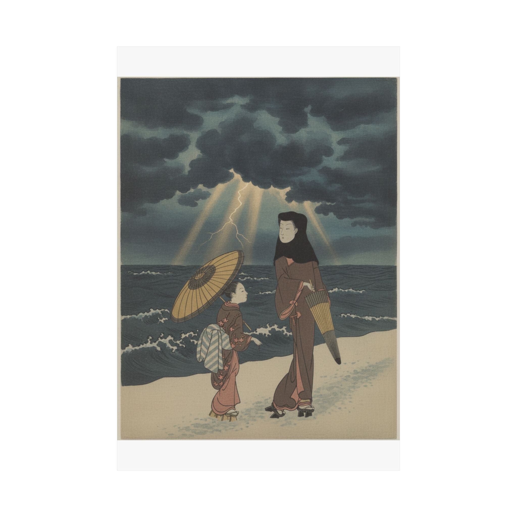 Dramatic Storm — Lady With Black Hood And Umbrella Out Walking With Young Attendant — Matte Poster