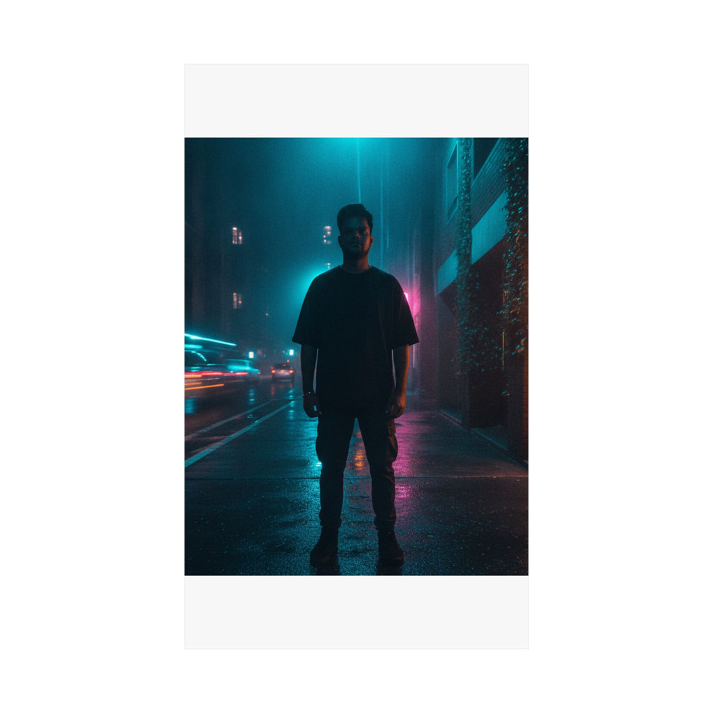 Rainy Neon City Street Silhouette Teal Pink Matte Poster