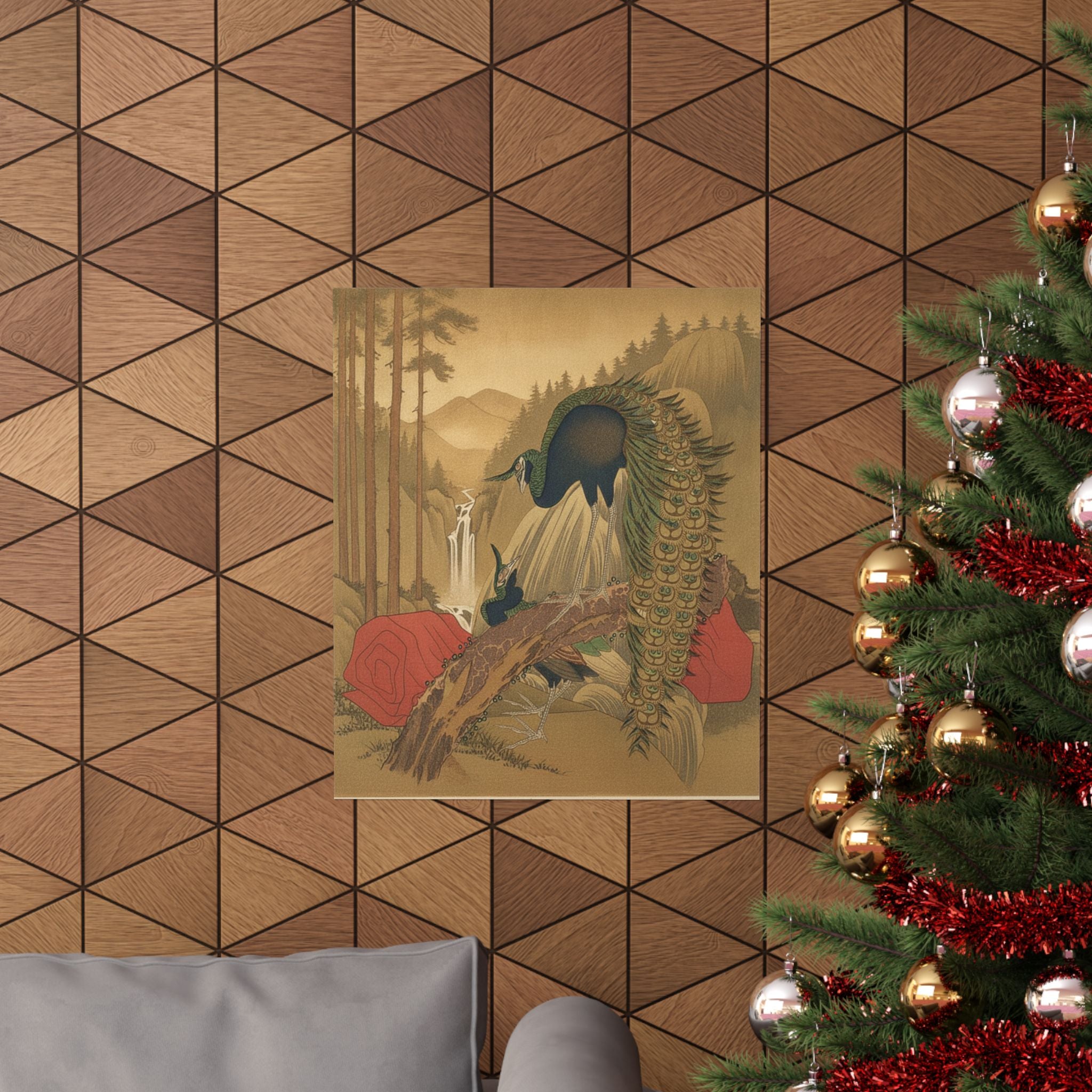 Scenic Nature — Painting Of Peacocks, Pines, A Waterfall, And A Roll Of Red Fabric — Matte Poster
