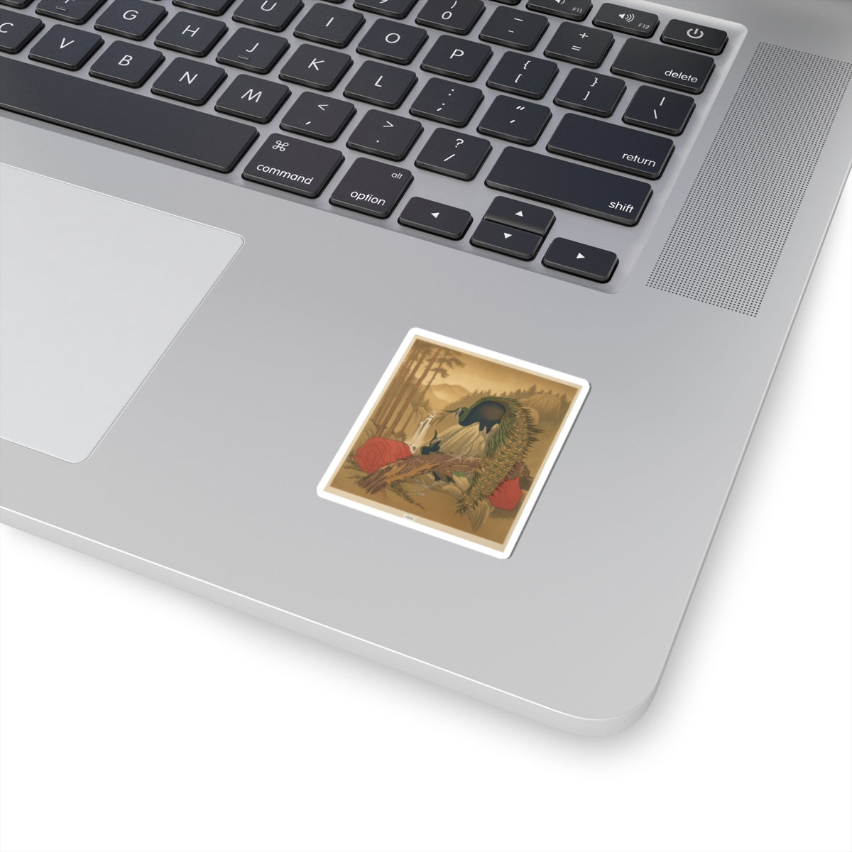 Scenic Nature — Painting Of Peacocks, Pines, A Waterfall, And A Roll Of Red Fabric — Kiss-Cut Sticker