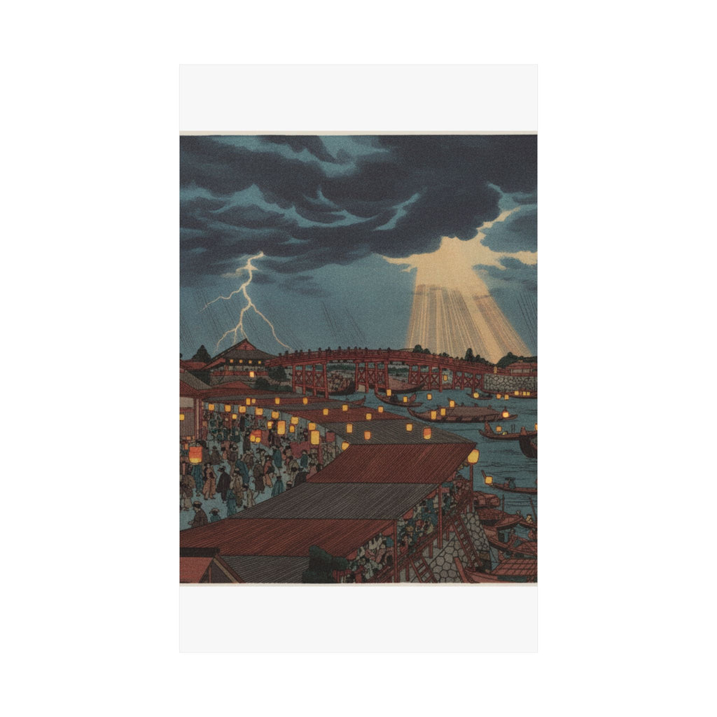 Dramatic Storm — Landscape; Showing Water Festival With Lanterns — Matte Poster