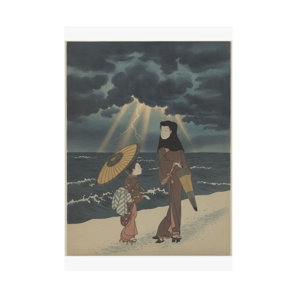 Dramatic Storm — Lady With Black Hood And Umbrella Out Walking With Young Attendant — Matte Poster