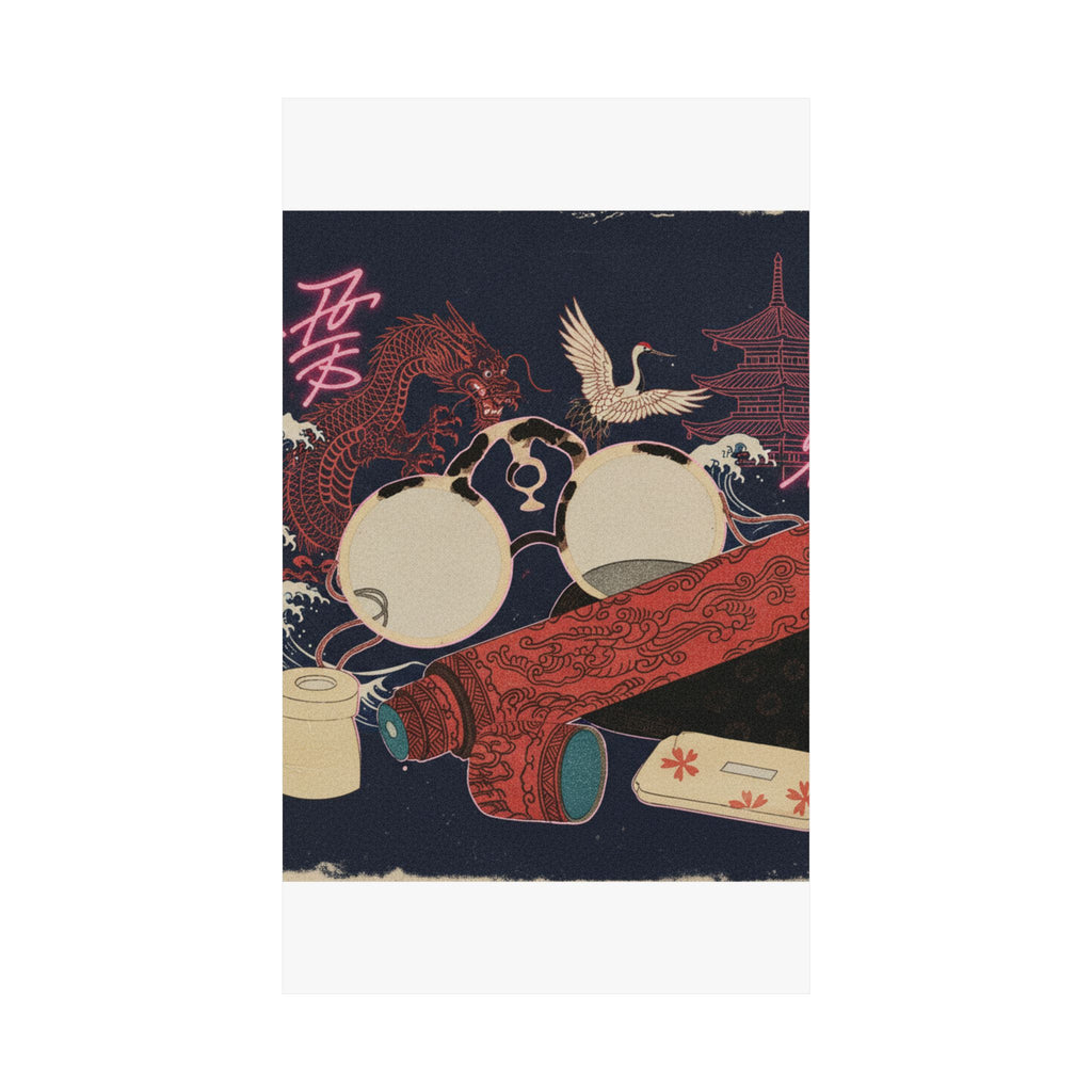 Japanese Street — Spectacles And Telescope With Cases — Matte Poster