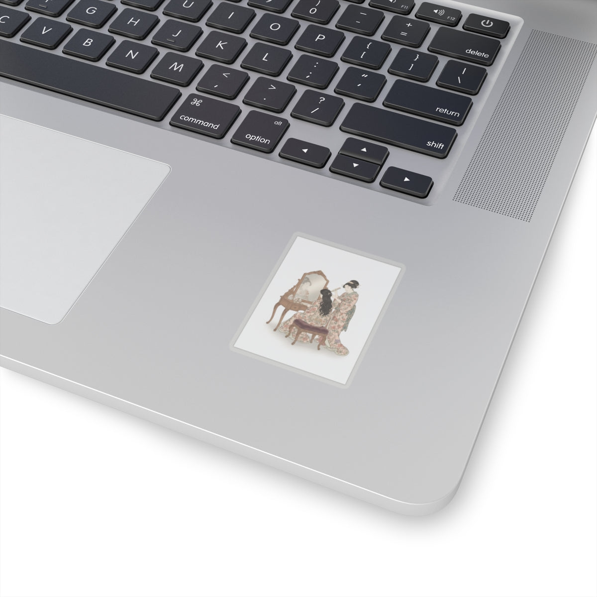 Ecommerce Main — A Woman At Her Toilet Seated Before A Mirror, Having Her Hair Combed By A Kameyu — Kiss-Cut Sticker