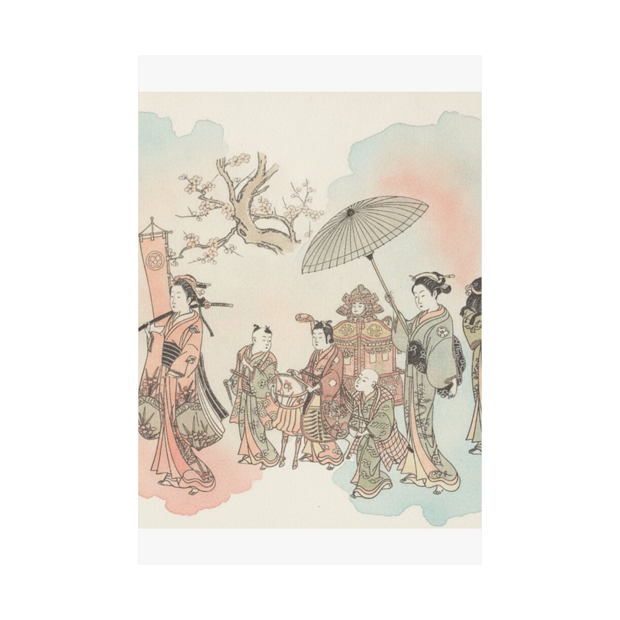 Watercolor — Children Play-Acting A Daimyo Procession — Matte Poster