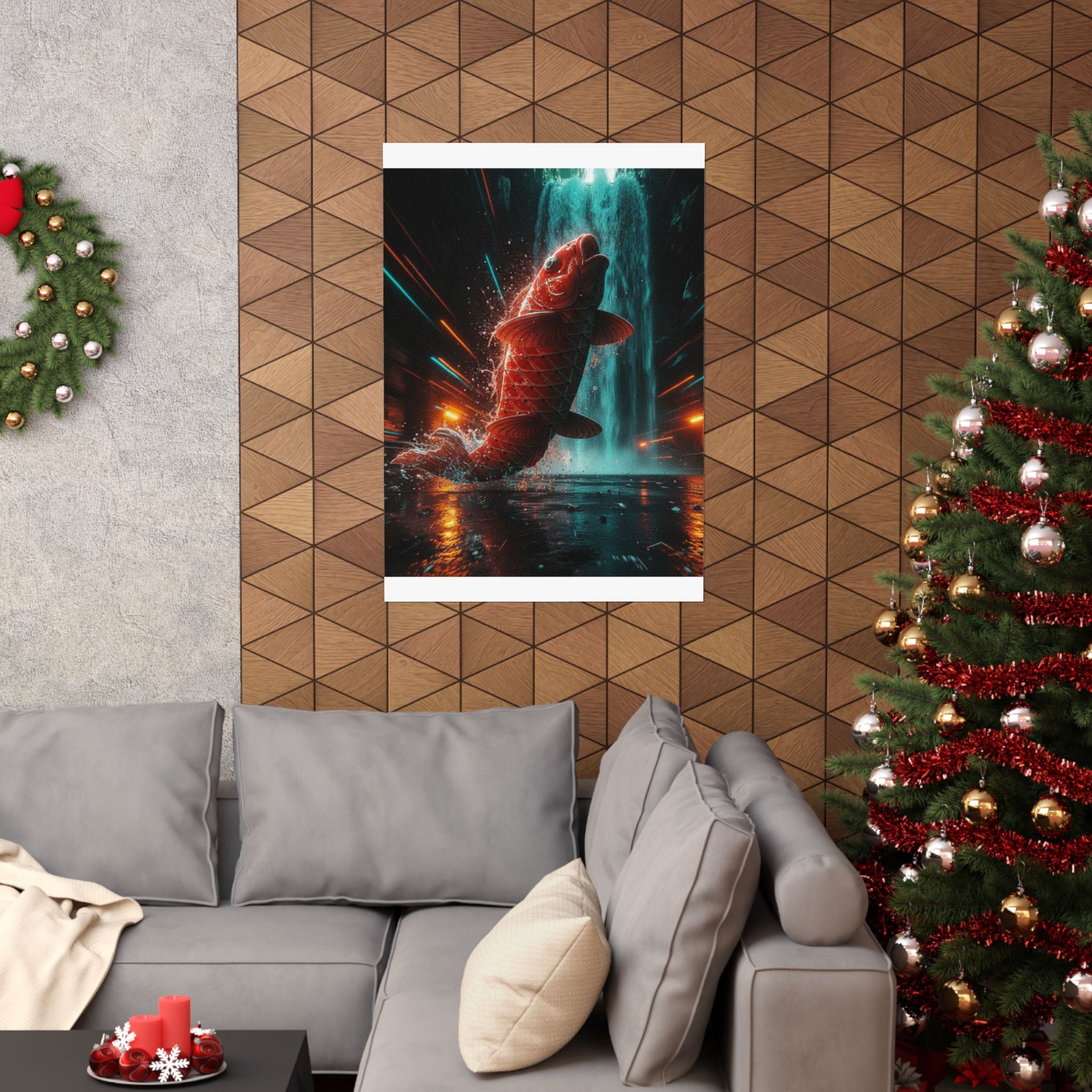 Fast Furious — Red Carp Ascending A Waterfall — Matte Poster