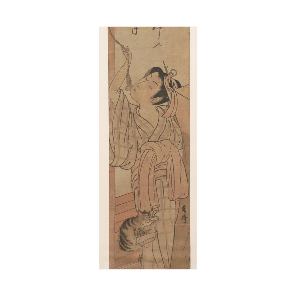 Ecommerce Main — Young Lady Toying With The Tassel Of Her Bed–Net While A Cat Plays At Her Feet — Matte Poster