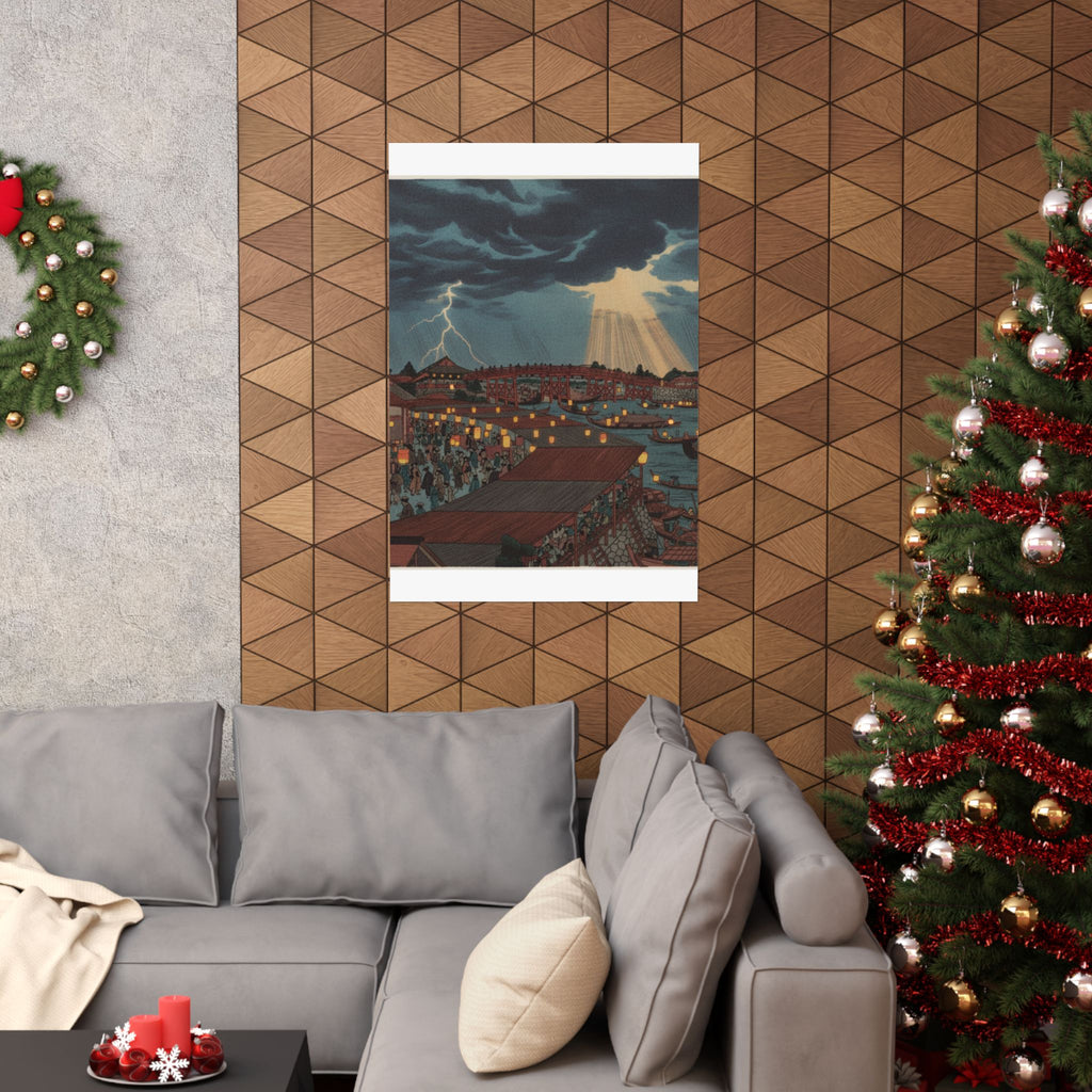 Dramatic Storm — Landscape; Showing Water Festival With Lanterns — Matte Poster