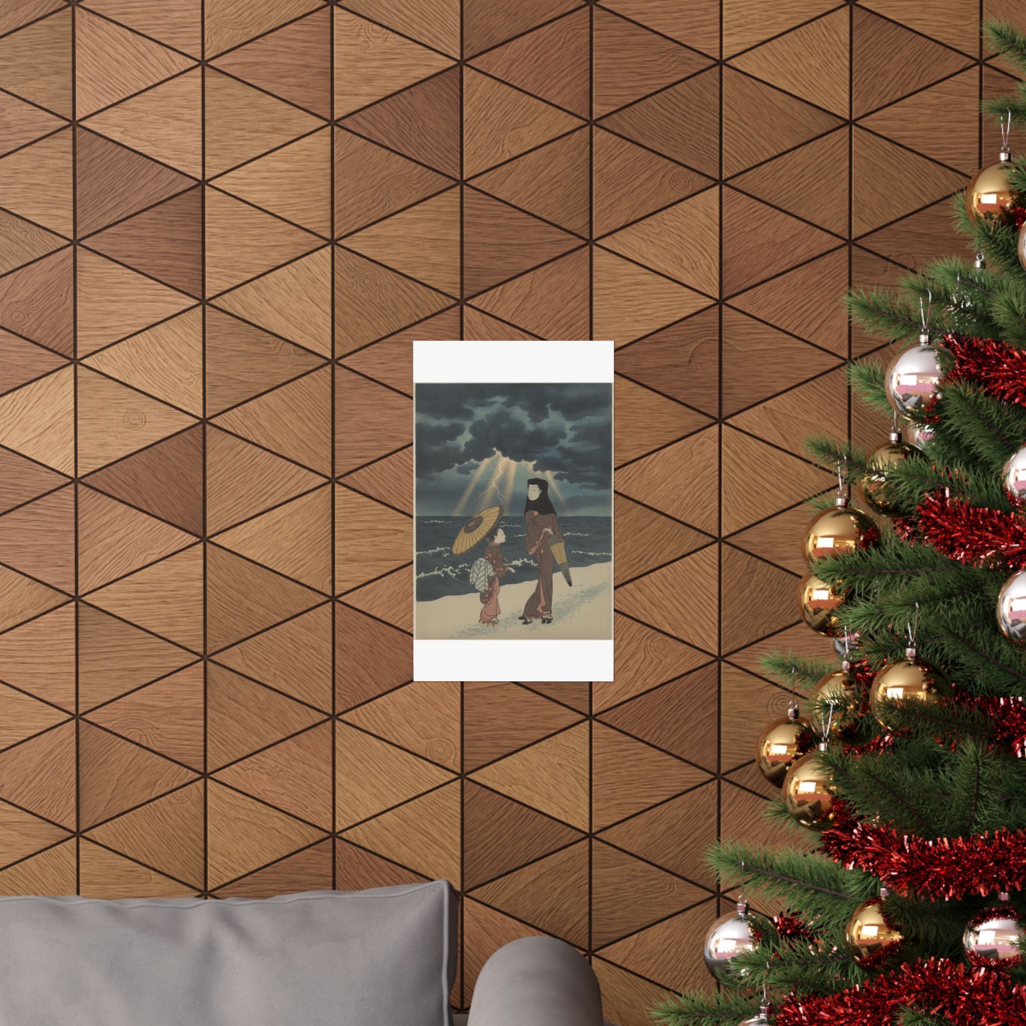 Dramatic Storm — Lady With Black Hood And Umbrella Out Walking With Young Attendant — Matte Poster