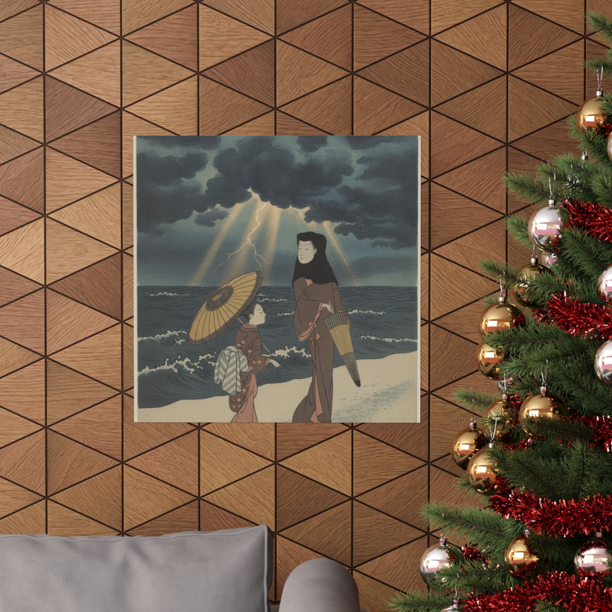 Dramatic Storm — Lady With Black Hood And Umbrella Out Walking With Young Attendant — Matte Poster