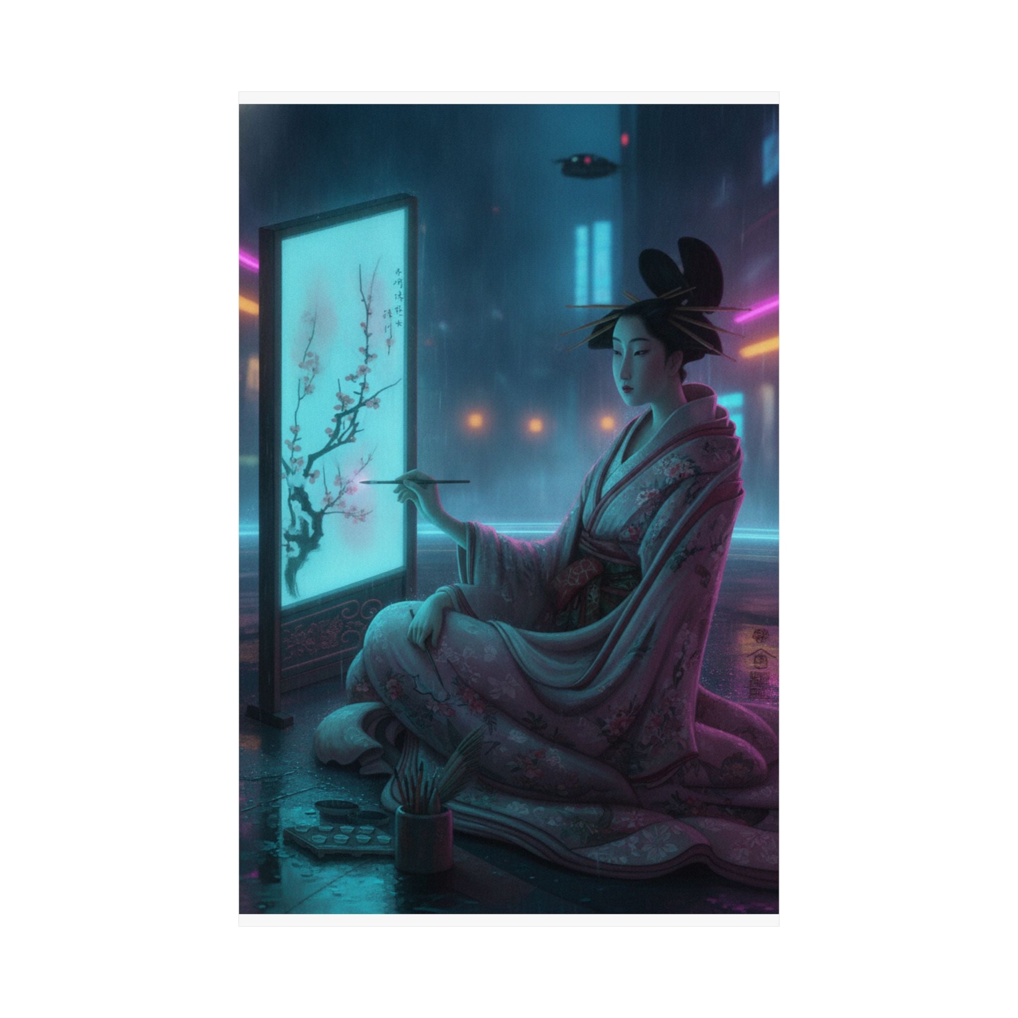 Neon Noir — Young Woman Painting A Screen — Matte Poster