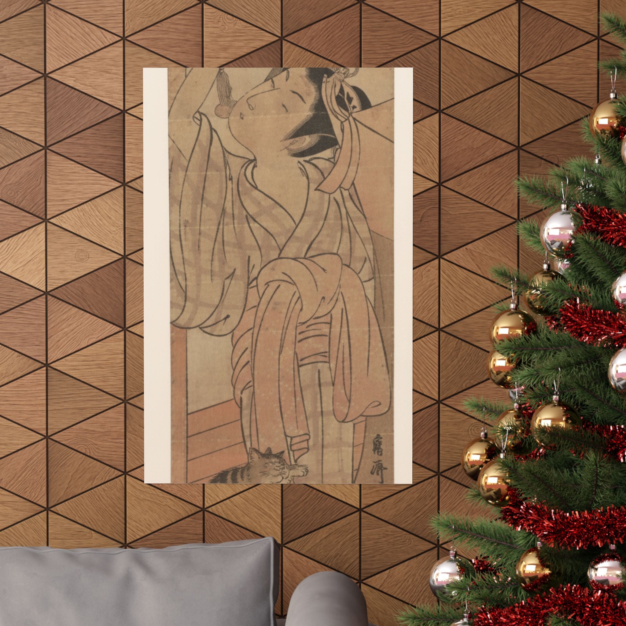 Ecommerce Main — Young Lady Toying With The Tassel Of Her Bed–Net While A Cat Plays At Her Feet — Matte Poster