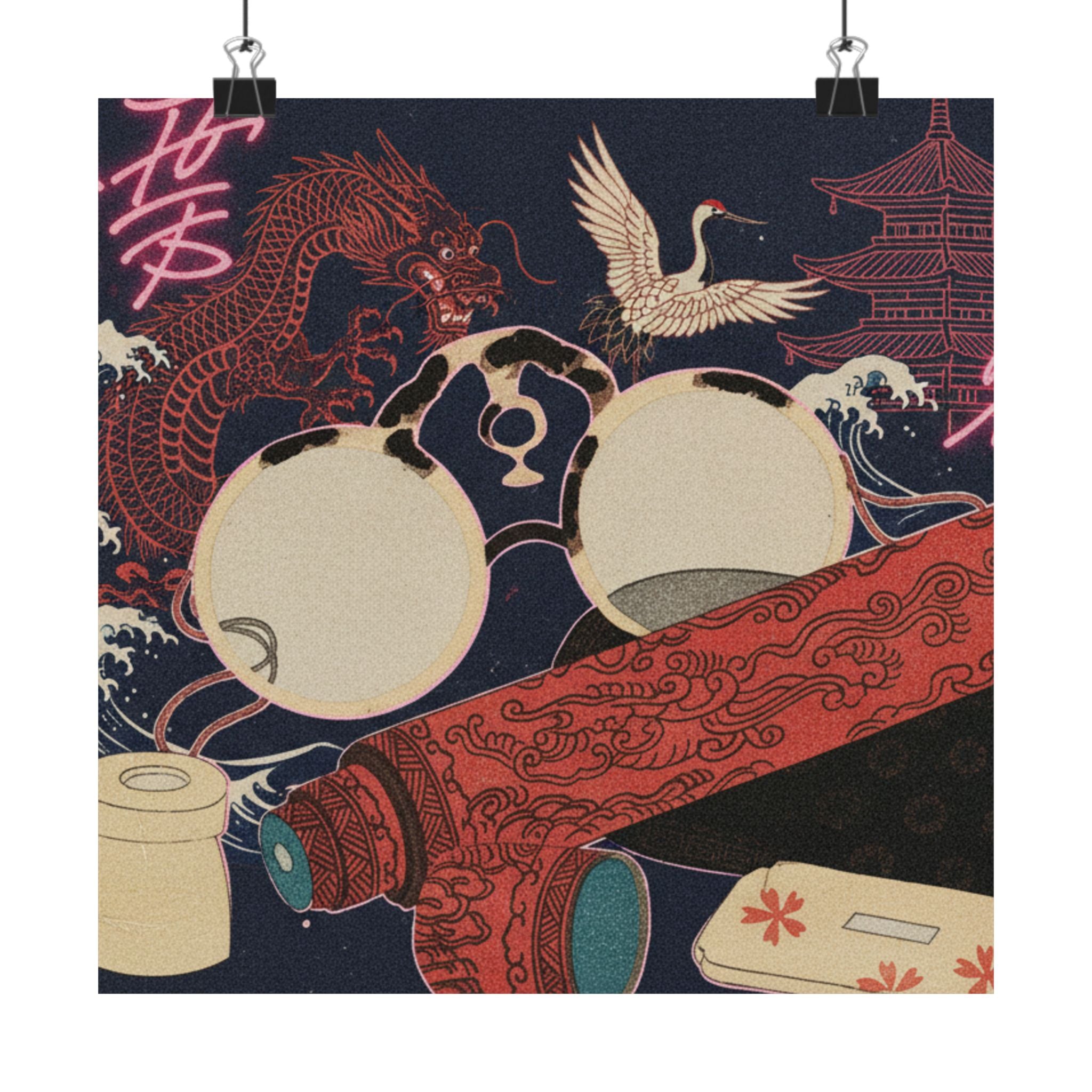 Japanese Street — Spectacles And Telescope With Cases — Matte Poster