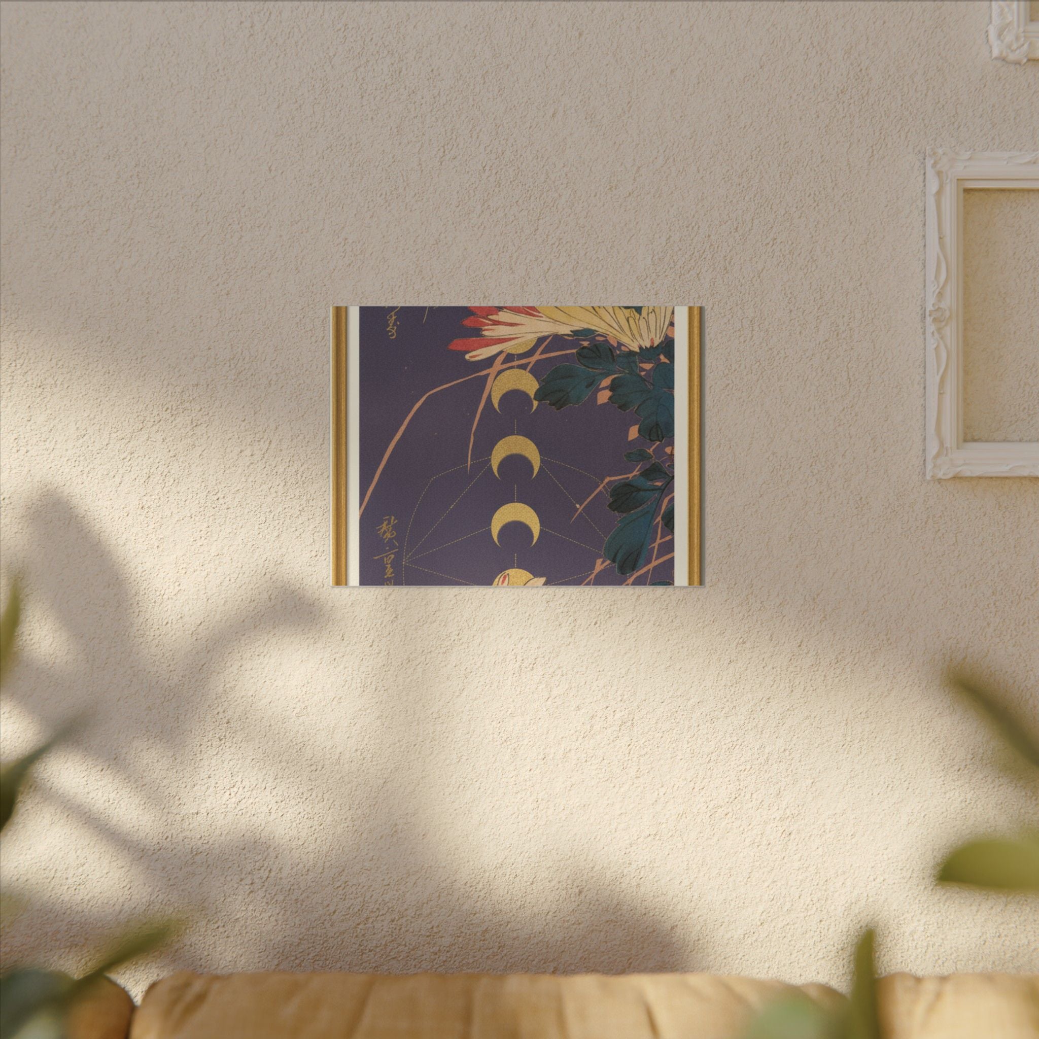 Chrysanthemum and Gold Moon Phases Woodblock Matte Canvas