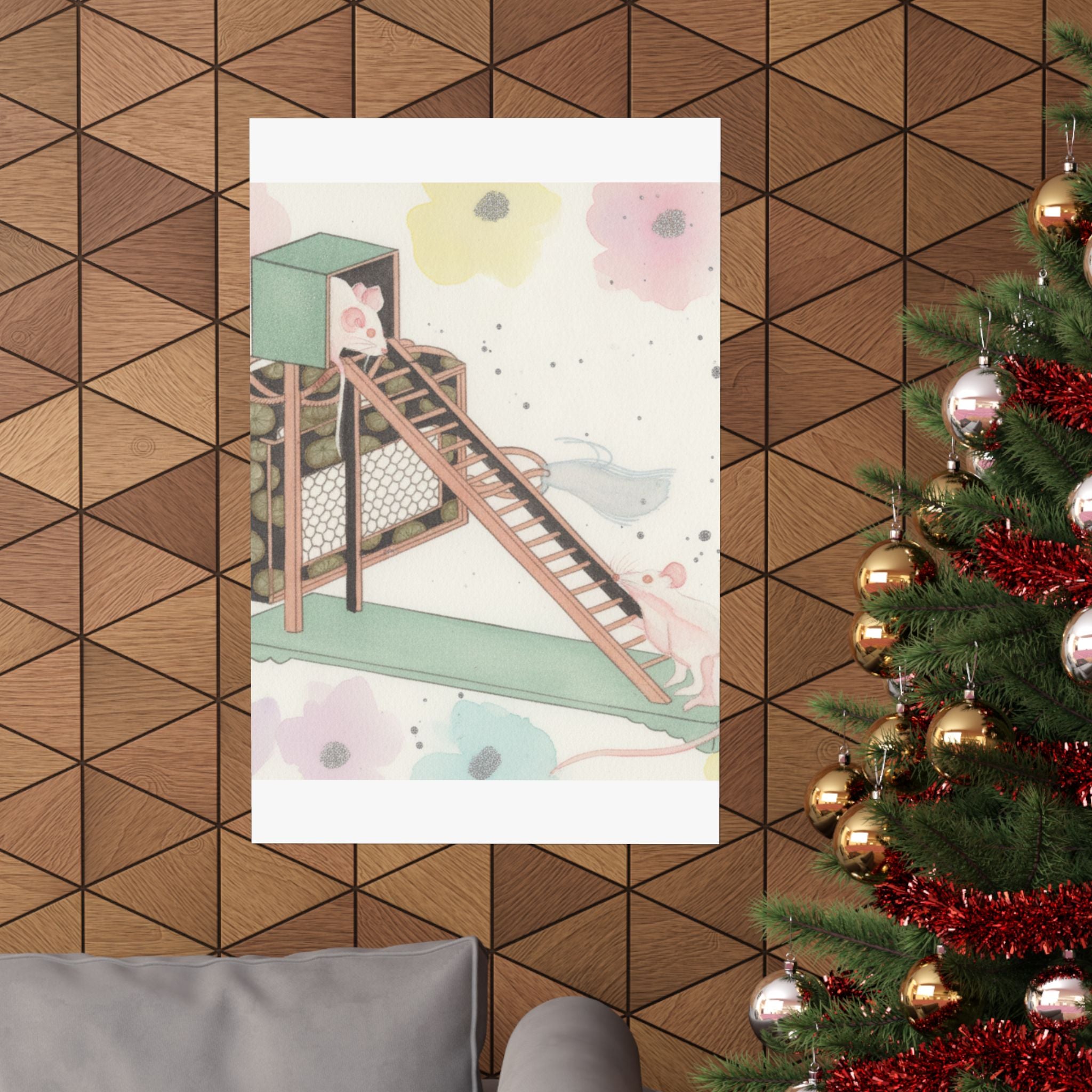 Watercolor — White Mice Playing — Matte Poster