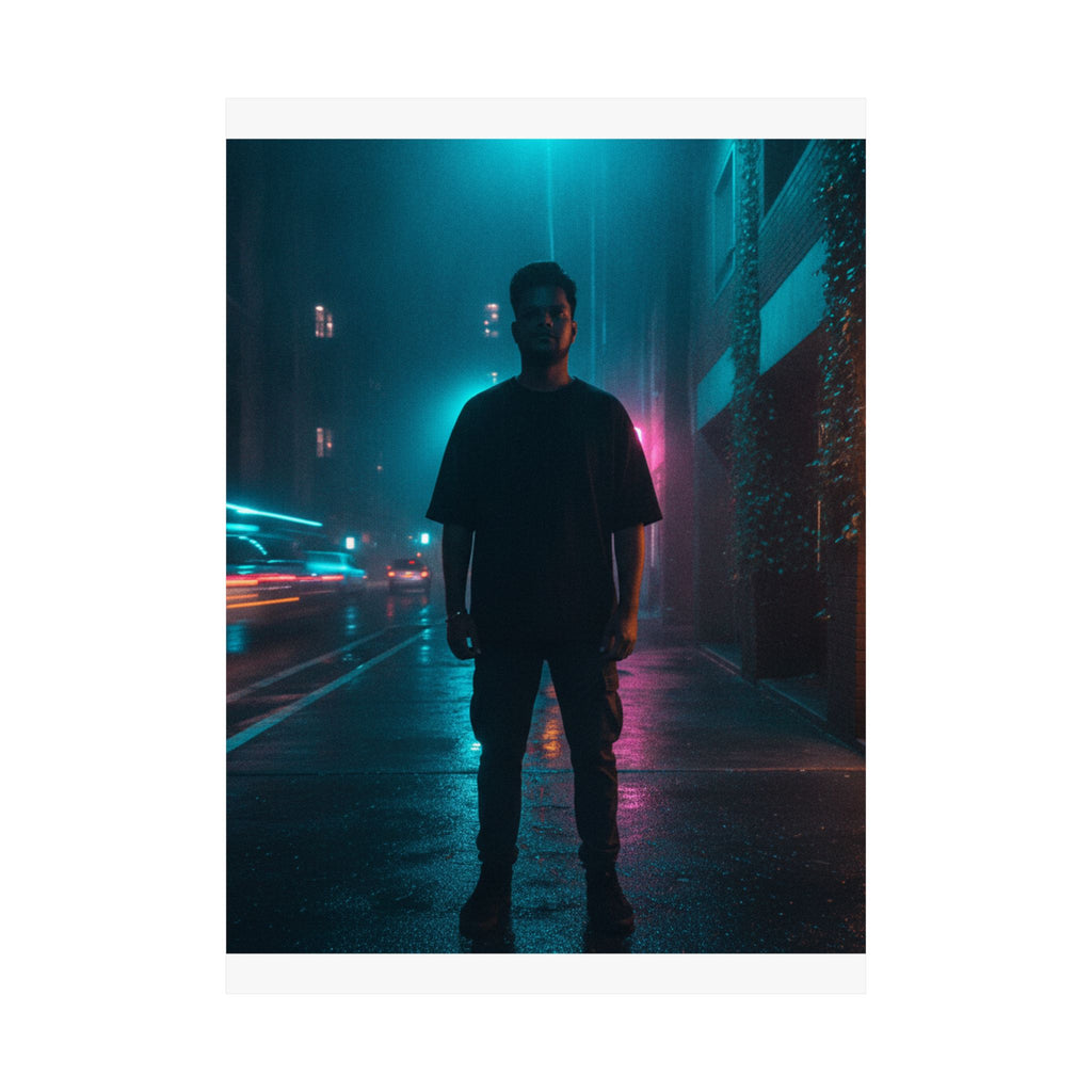 Rainy Neon City Street Silhouette Teal Pink Matte Poster