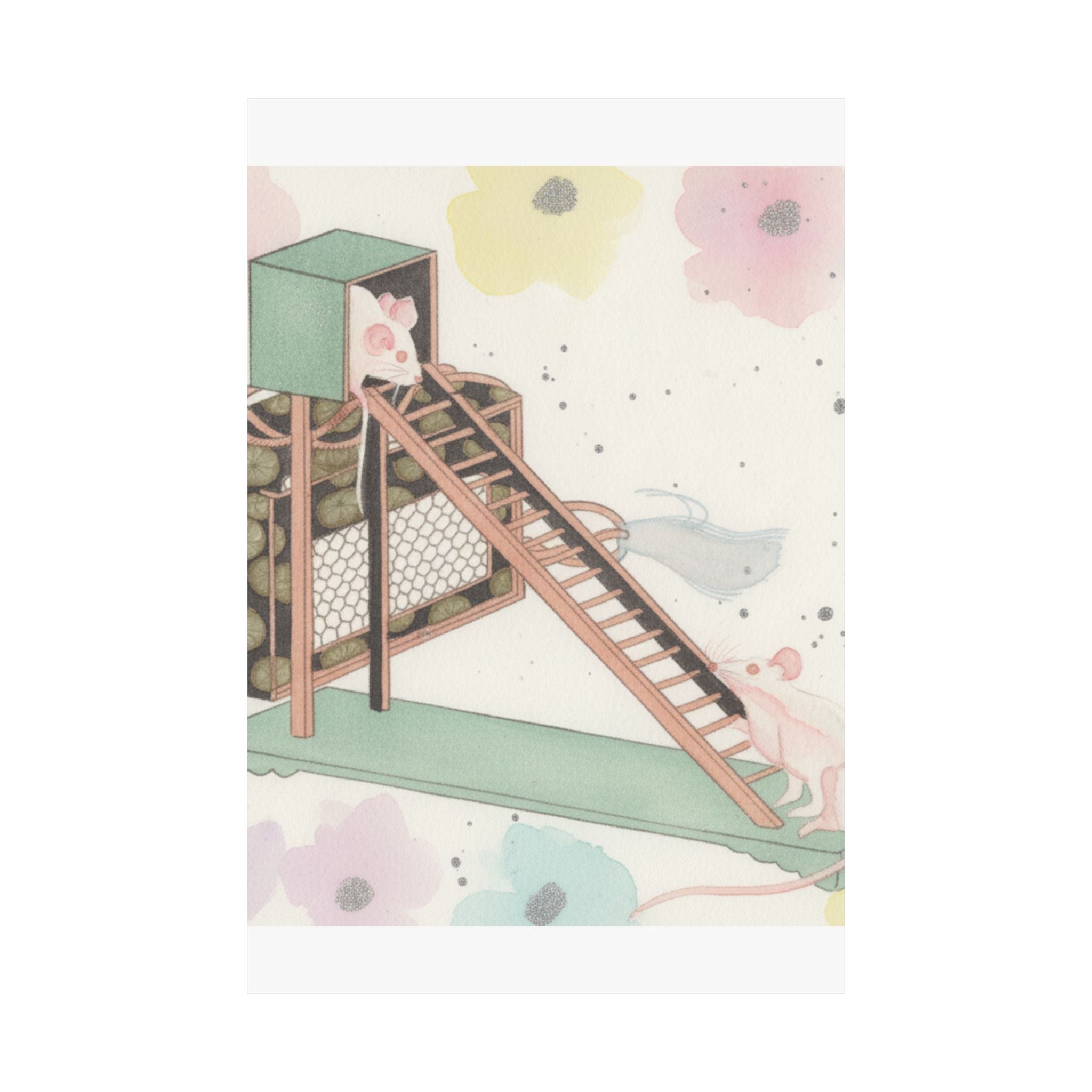 Watercolor — White Mice Playing — Matte Poster