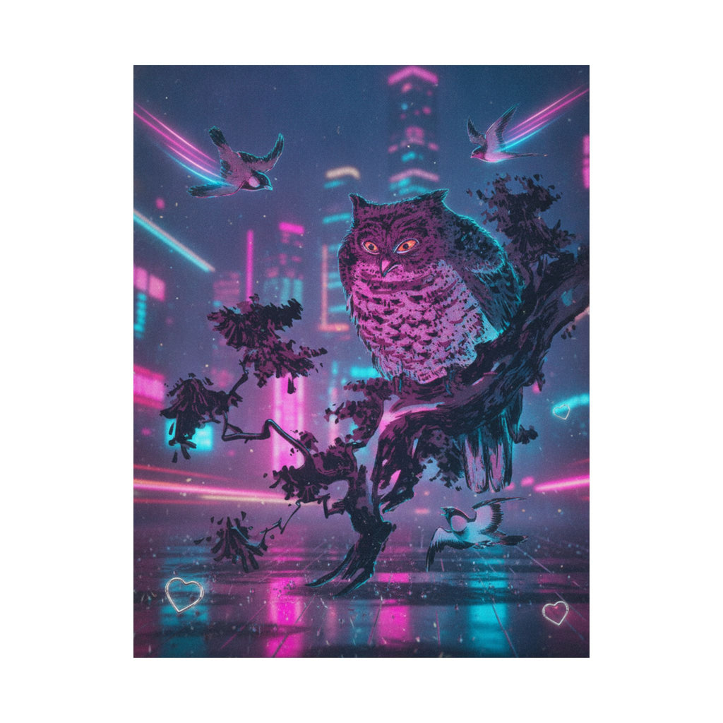 Neon Noir — Owl And Two Swallows — Matte Poster
