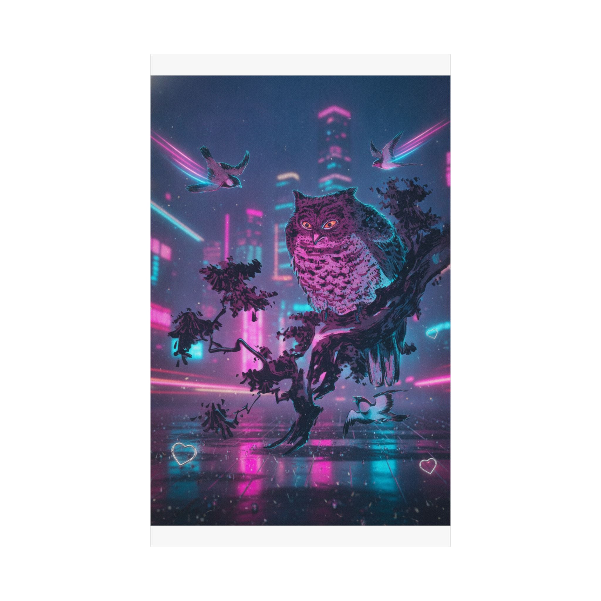 Neon Noir — Owl And Two Swallows — Matte Poster