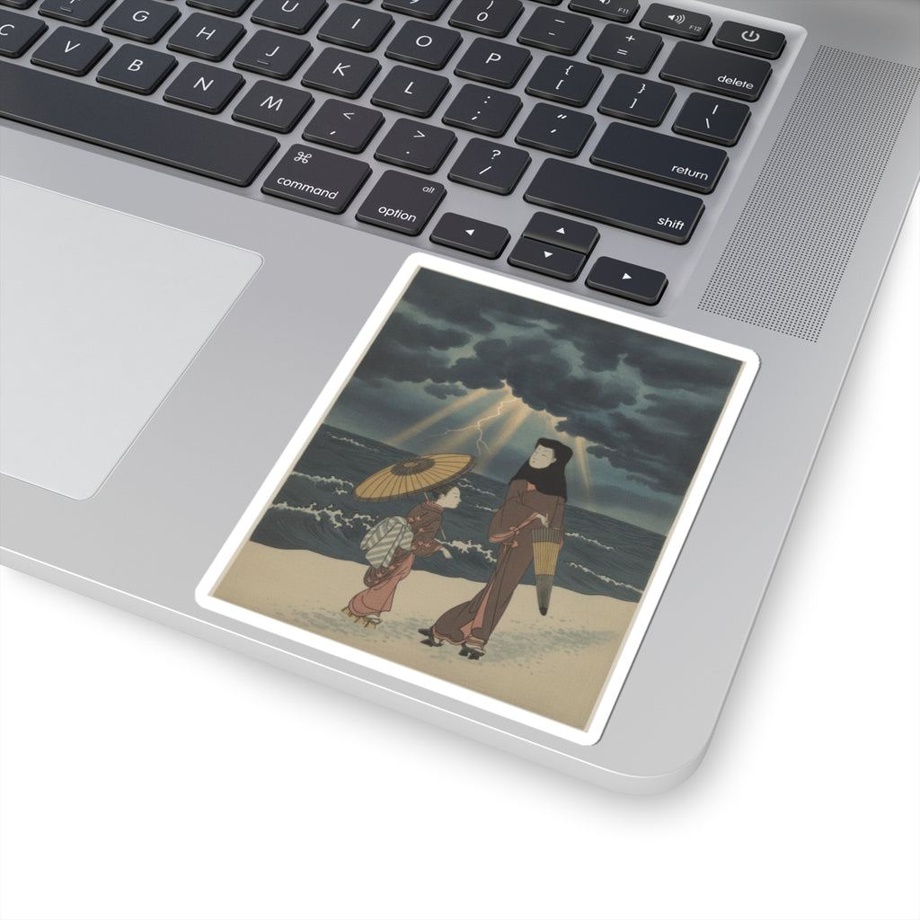 Dramatic Storm — Lady With Black Hood And Umbrella Out Walking With Young Attendant — Kiss-Cut Sticker