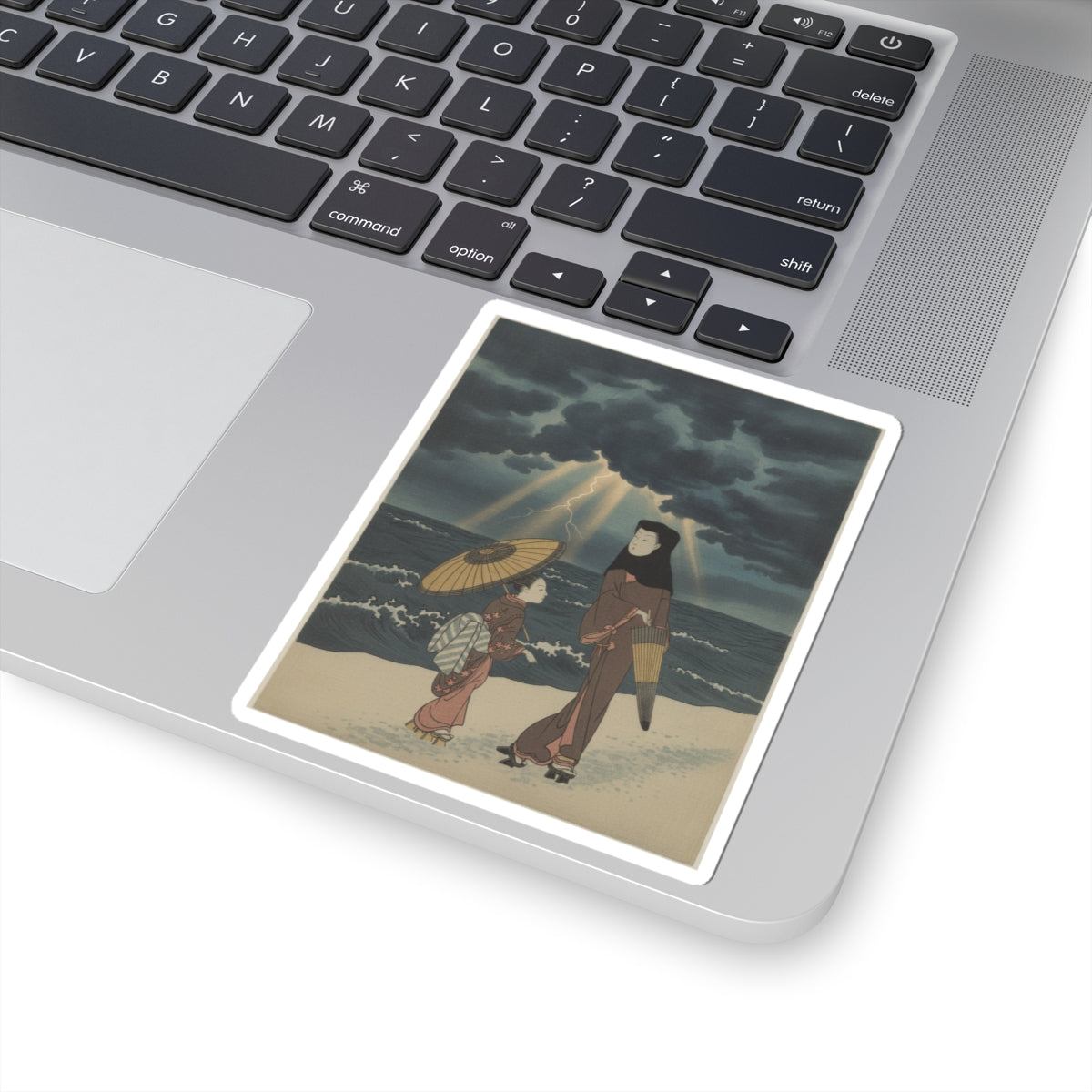 Dramatic Storm — Lady With Black Hood And Umbrella Out Walking With Young Attendant — Kiss-Cut Sticker