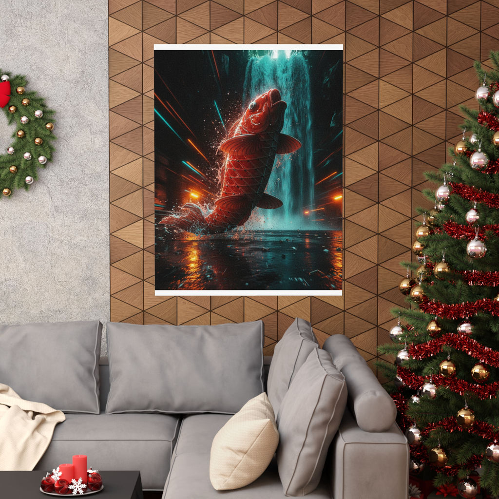 Fast Furious — Red Carp Ascending A Waterfall — Matte Poster