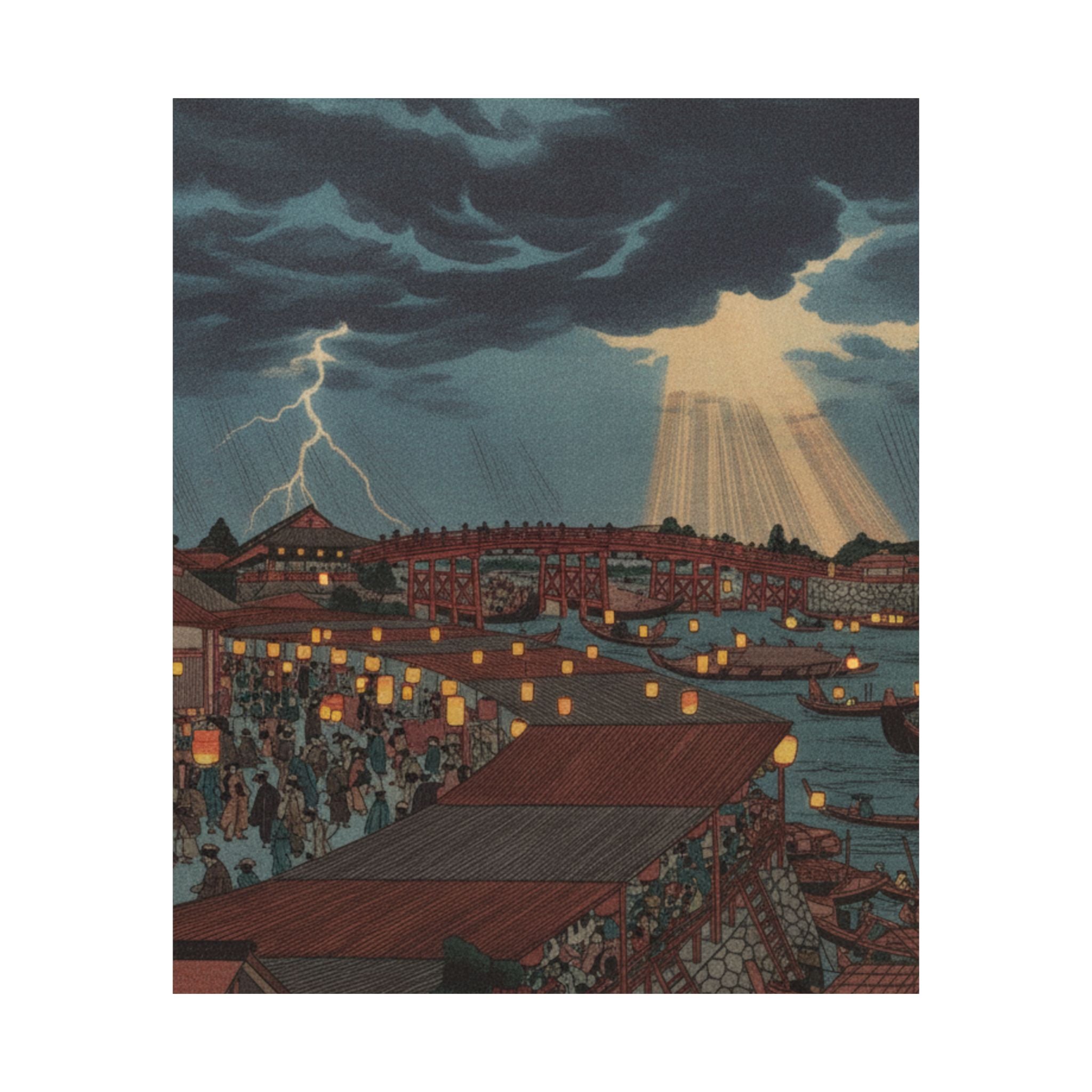 Dramatic Storm — Landscape; Showing Water Festival With Lanterns — Matte Poster
