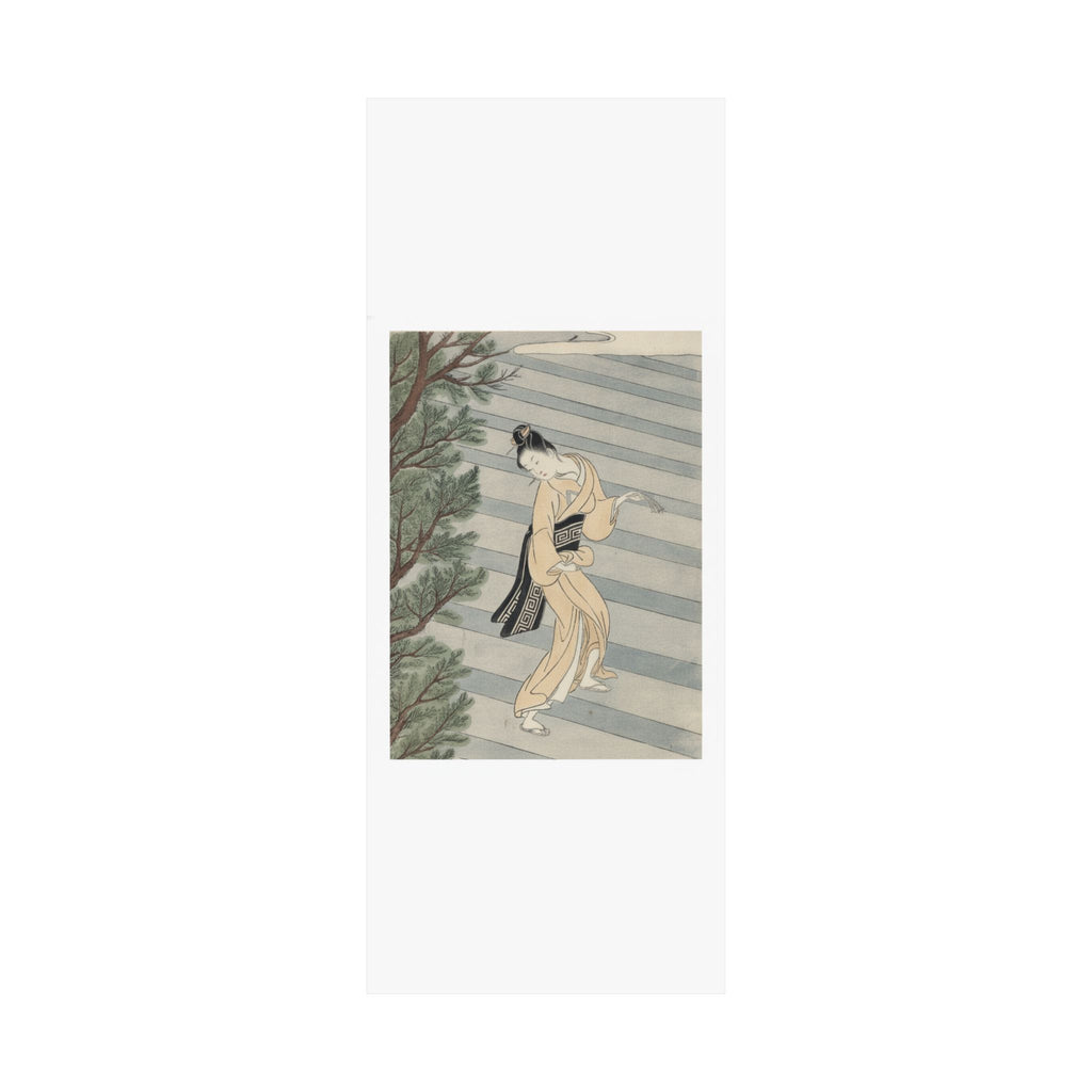 Watercolor — Young Woman Climbing Stone Stairs To A Shinto Temple — Matte Poster