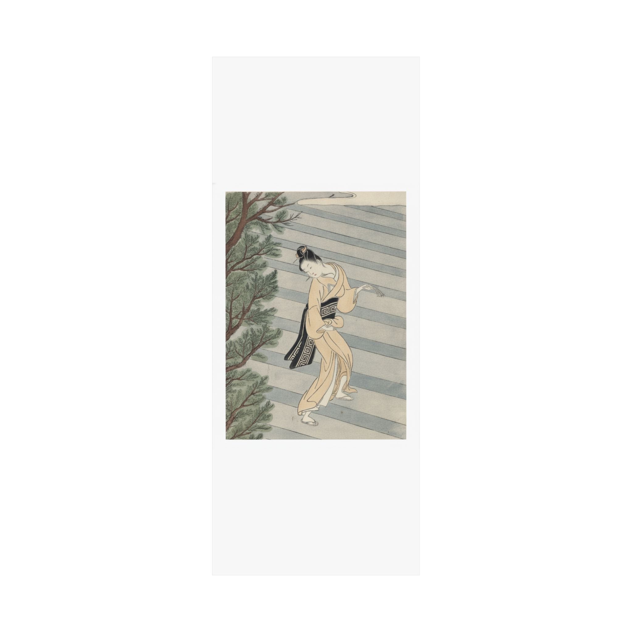 Watercolor — Young Woman Climbing Stone Stairs To A Shinto Temple — Matte Poster