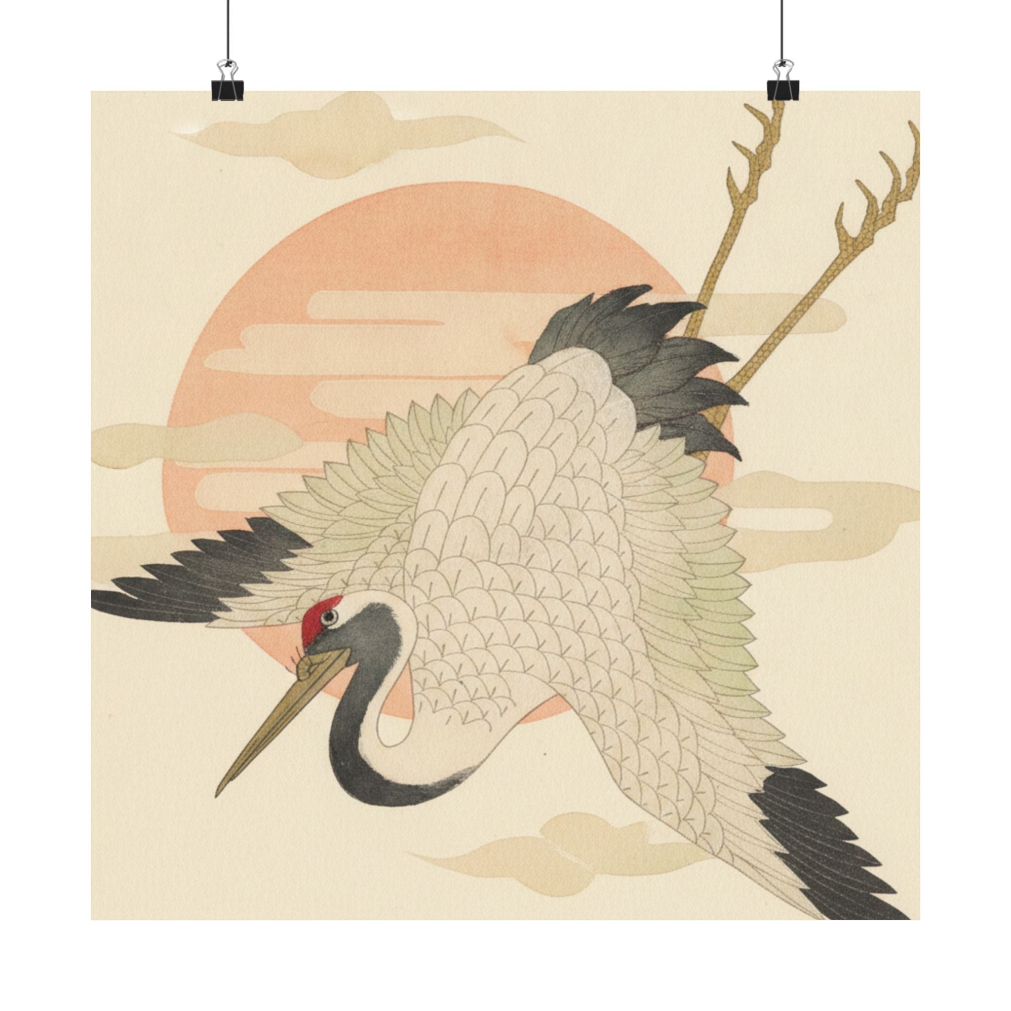 Botanical — White Crane Flying Across The Sun'S Disc — Matte Poster
